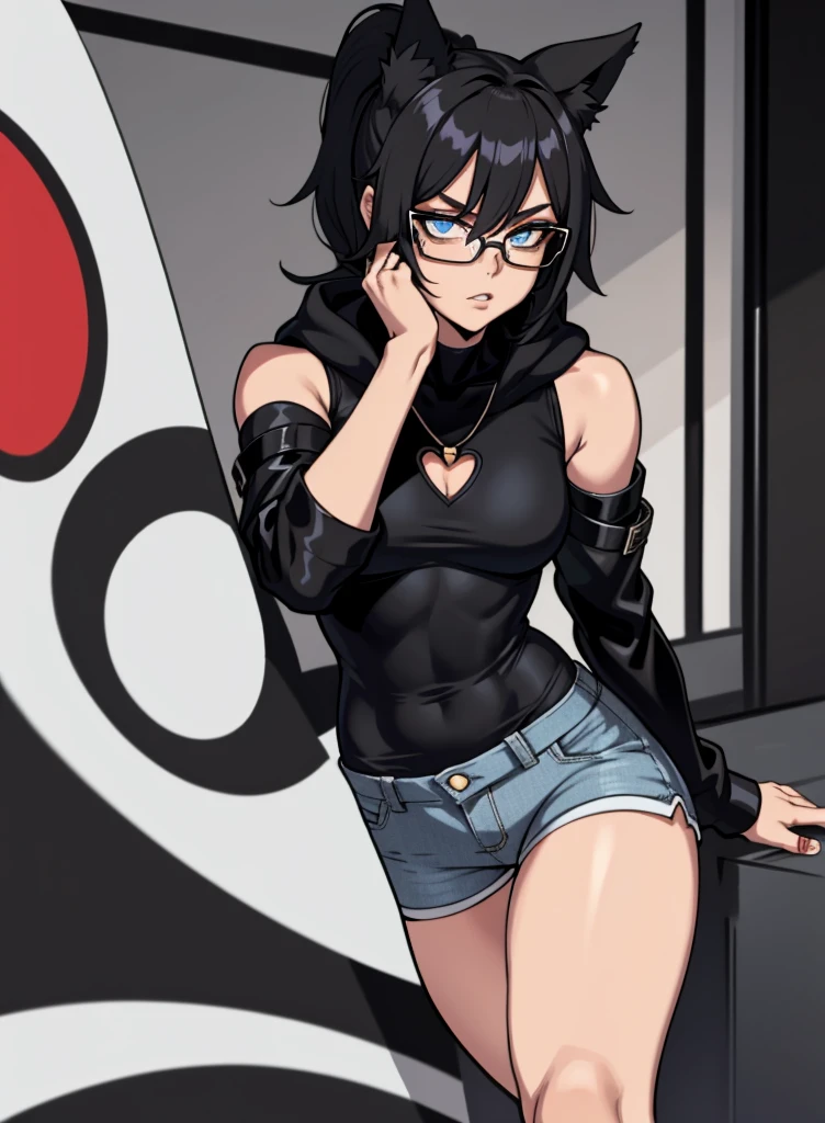 best quality, afterglow, 4k, ((masterpiece)), , 8k,, Intricate, High Detail, Sharp focus, indoors, headphones, gloves, underwear, panties, vest, sleeveless shirt. masterpiece, absurdres, 1 teenage girl, Age 15 old, black hair, shoulder length hair, pure black eyes, frameless glasses, masterpiece, absurdres , (intricate details), (colorful),, (Medium Breast) [Beautiful Curvy butt]. Heart shaped Lips, Painted Lips shine. detailed eyes, blushed, looking at viewer. Detailed eyes