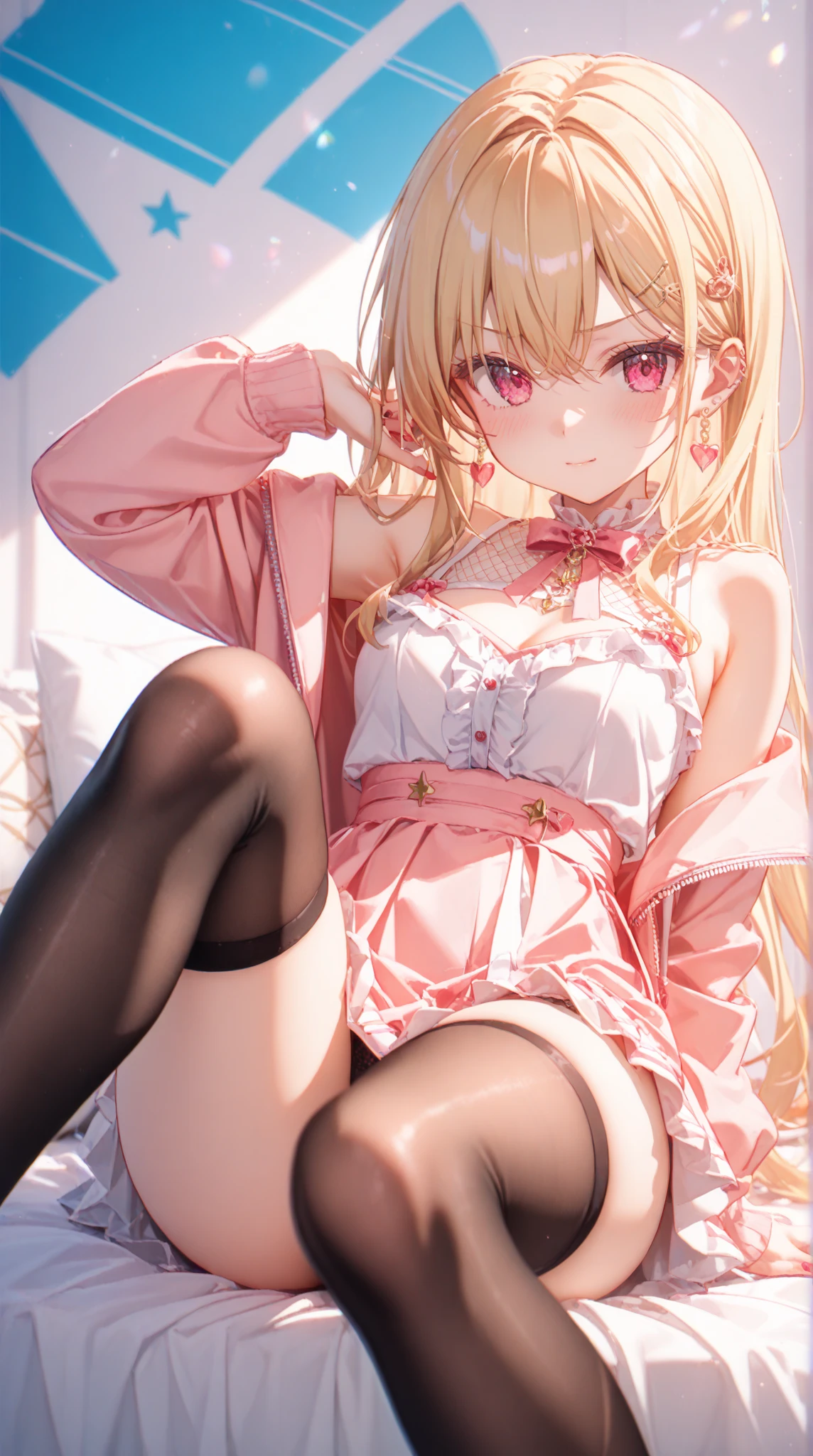 girl, (wariza:1.2), sit, On the bed, Swimwear