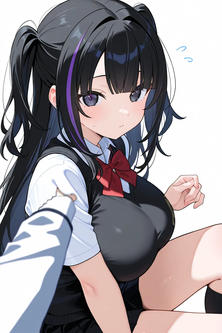 High tail hairstyle, two ponitalls, Ponytail hairstyle, Long wavy black hair, standing posing, anime girl style, pixel art anime style,penetrating look with deep eyes,red and purple eyes, hair with a ponytail hairstyle trapped with a big red bun, women, red hair clips, x color shaped hair clips , smiling face blush, next to his bed, Skirt, tank top, Black hair, big thighs, NSFW, Skirt fluttering in the wind, perfect panty, from above, viento levantando su Skirt haciendo que se le vea el panty, hands in fist , Skirt fluttering in the wind, Skirt levantada,
