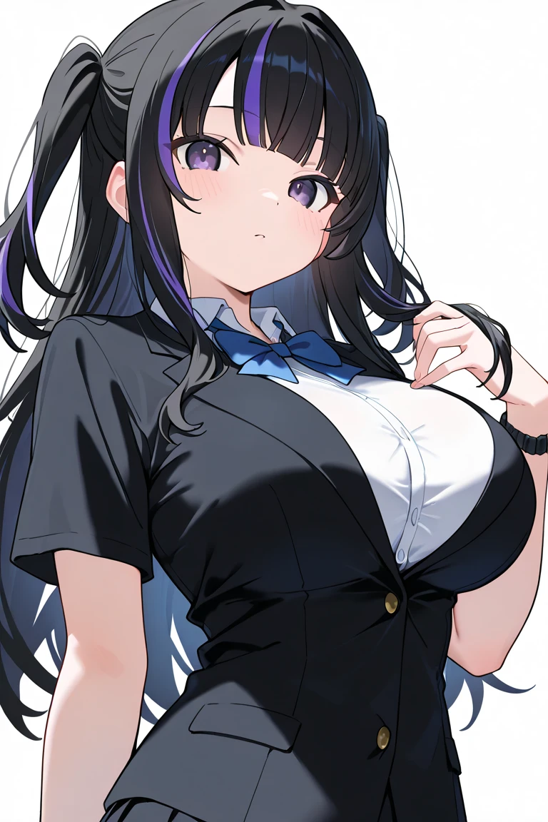 1 girl, game CG,((Cat ear、Cat hair)),big breasts, black hair, long hair, straight hair, black eye, ((white background)),((Turn towards me with sharp eyes)),((cat pose))