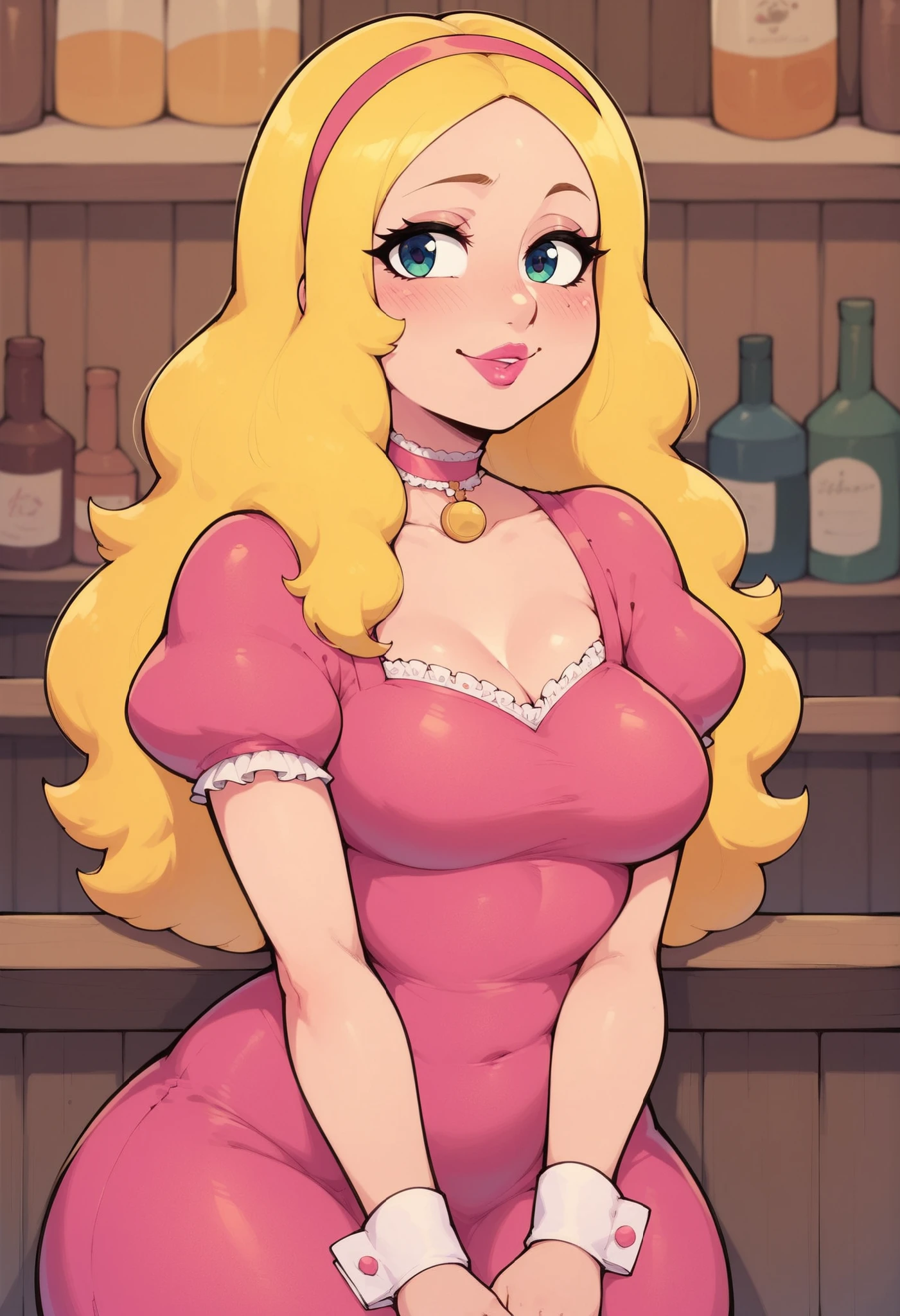 Score_8_up, 1girl, solo, Score_9, Francine, Score_29_up, Solo, Francine Smith, looking at viewer, pink lipstick, choker, Blonde hair, medium breasts, huge hips. long hair.| masterpiece, best quality, newest, absurdres, highres, 1girl, solo, keara-dress, headband, puffy sleeves, striped, short sleeves, dress, ribbon, bow, wrist cuffs, looking at viewer, shy, smile, bar \(place\), blush, looking to the side, 
