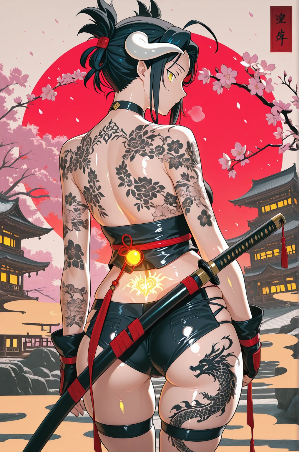 KiwiMixStyle, anime coloring, shiny skin, ((aesthetic)), (takeuchi_takashi-style:1.3), ((Cinematic, unreal engine, eye-catching, ambient occlusion, UHD, masterpiece)), ((dim lighting, soft shadow)), comic, score_9, score_8_up, score_7_up, score_6_up, score_5_up, score_4_up, uncensored, detailed background, vignetting, high quality, absurdres, best quality, very aesthetic, newest, digital art, trending on ArtStation, ((anatomical correct)), perfect body, perfect eyes, perfect fingers, gasping, heavy breathing, gasping profusely, ((skindentation)), ((curvy)), albedo \(overlord\), black hair, low wings, long hair, demon horns, slit pupils, yellow eyes, mature female, bright pupils, bright pupils, ((flabby stomach)), plump, 1girl, tattoo, back_tattoo, weapon, sword, solo, east_asian_architecture, ass, gloves, architecture, arm_tattoo, katana, flower, sheath, from_behind, fingerless_gloves, choker, cherry_blossoms, leg_tattoo, sheathed, looking_back, thigh_strap, bare_shoulders, shorts, shoulder_tattoo, flower_tattoo, ((glowing_tattoo))