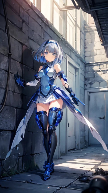A girl with short blue hair wears tight clothes with small breasts, raised thighs and tights