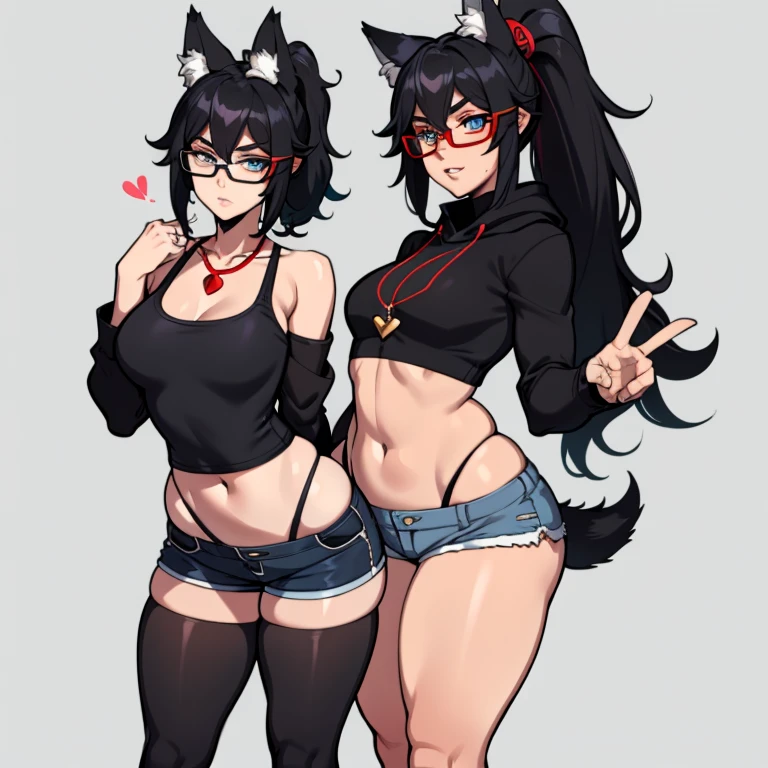 A woman with a large penis growing out of her vagina and inserted into a dummy Dark blue hair girl, Cat ears and tail, Wearing a black bikini and racing shorts Loli body type Twin tails Flat Chest Wearing a hoodie Butt details Hold the ninja sword