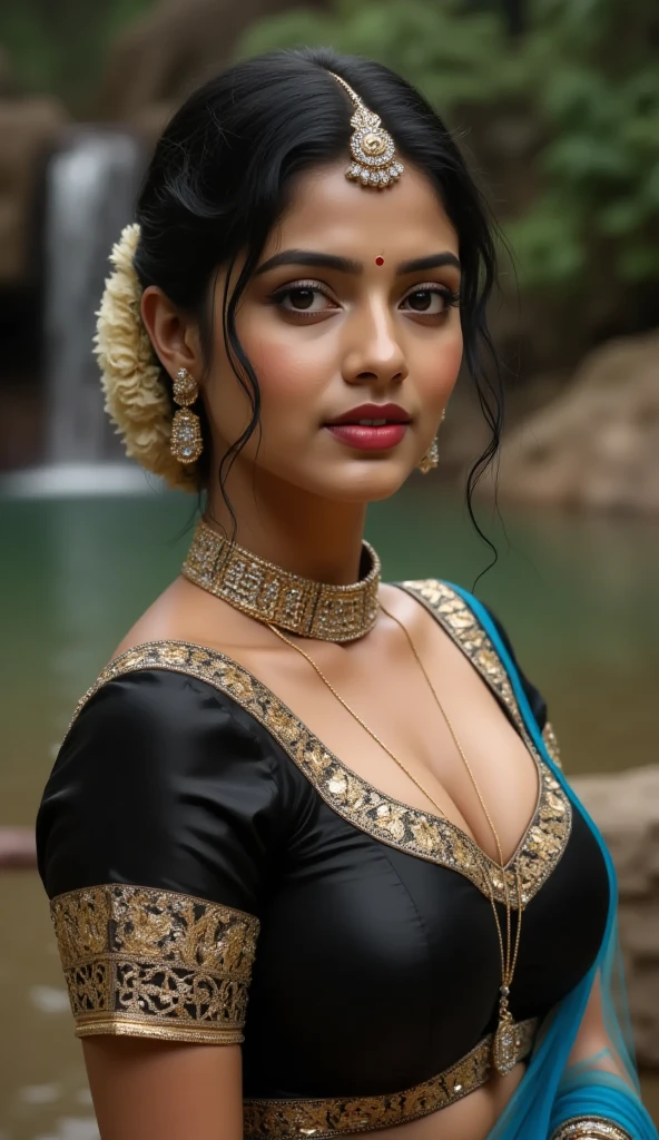 a indian woman posing for a picture, indian, traditional beauty, indian, beautiful goddess, ornate cosplay, indian style, indian super model, beautiful maiden, gorgeous woman, south east asian with long, provocative indian, gorgeous beautiful woman, detailed face, facial-symmetry, beautiful asian girl, extremely detailed goddess shot, jaw-dropping beauty, big boobs deep cleavage sexy navel, , exposed, big bust, pink