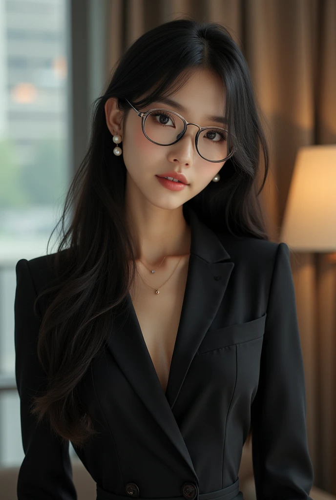 Tabletop, Highest quality, Realistic, Very detailed, finely, High resolution, 8k wallpaper, One beautiful woman,, Light brown messy hair, Wear a business suit, Sharp focus, Perfect dynamic composition, finelyて美しい目, Thin Hair, Detailed and Realistic skin texture, smile, Close-up portrait, Model body type,Glasses、Upper body naked、Pointed nipples are visible