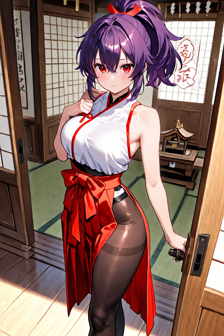 (Perfect body),Best Quality,16 K、((((Short stature))))、((((Lori))))、(shrine maiden)、sleeve less、(a miniskirt)、White panty、(((blush)))、:D、I have my mouth wide open、Surprised、Wavy mouth、Tsuriformes、Blunt bangs、(short-hair)、(((bob cuts)))、(Red Eyes),((Black hair)),(Sweat)、((red scarf))、((Big ass))、huge-breasted、(((thick thighs)))、Armpits、(traditional Japanese room)、