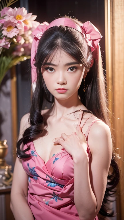 (Best quality,4K,8K,A high resolution,Masterpiece:1.2),Ultra-detailed,(Realistic,Photorealistic,photo-realistic:1.37),Delicate depiction of floral motifs on traditional Chinese gauze dresses, Dynamically capture Tai Chi elements, Flowing fabric, vivid vivid colors, Pastel tones, Soft and dreamy lighting, Focus on exquisite craftsmanship, Dynamic movements, Detailed rendering of intricate floral embroidery, Elegant and elegant gesture, Porcelain-like skin, small , long pink twintails, soft blue eyes, Subtle and flawless makeup, Surreal wallpapers