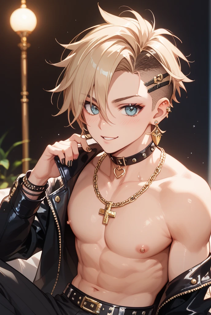 1boy,11 only、Man's ,silber hair、chains、 Collar,tattooed、Upper body naked、Casino,chandeliers、spot light、hightquality、masutepiece,8K,hight resolution、