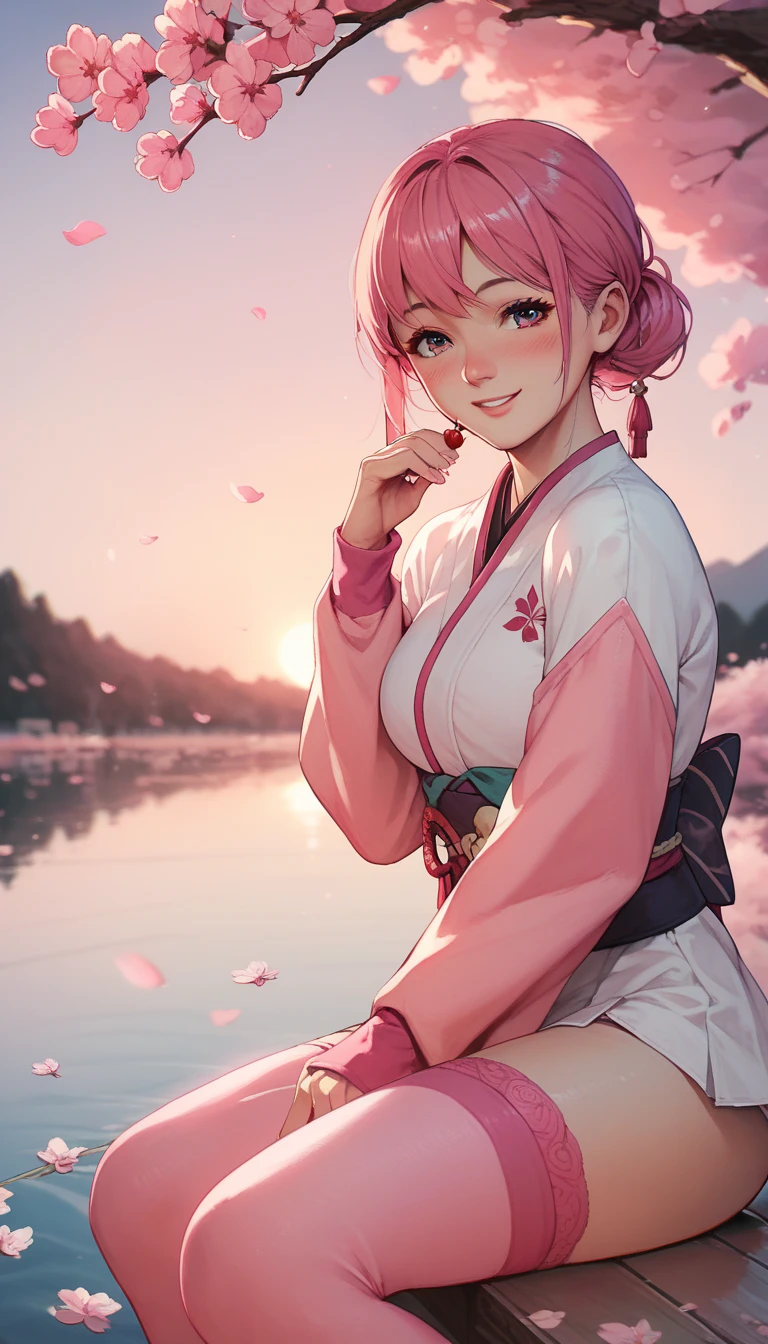 sakuramiku, upper body, smile, blush, sitting, ((cherry blossoms)), ((pink sleeve)), pink tone, ((pink stockings)), pink sky, sunset, lake, reflection