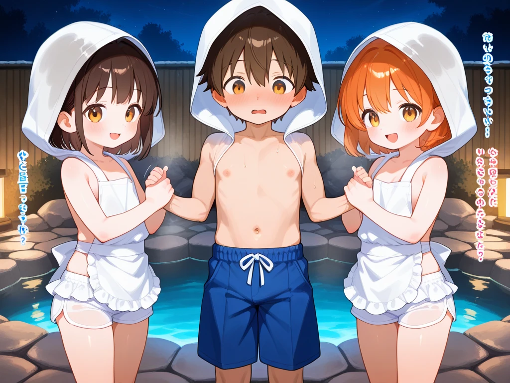 Masterpiece,ultra detailed,best quality,4Girls, short, (dwarf), flat chest, boyish, very short hair, NSFW, nude, handjob,holding penis, Fellatio, licking the penis with tongue, licking the testicles with tongue, man,cum in mouth,cum on face, bukkake,hot spring, outdoors, smiling,