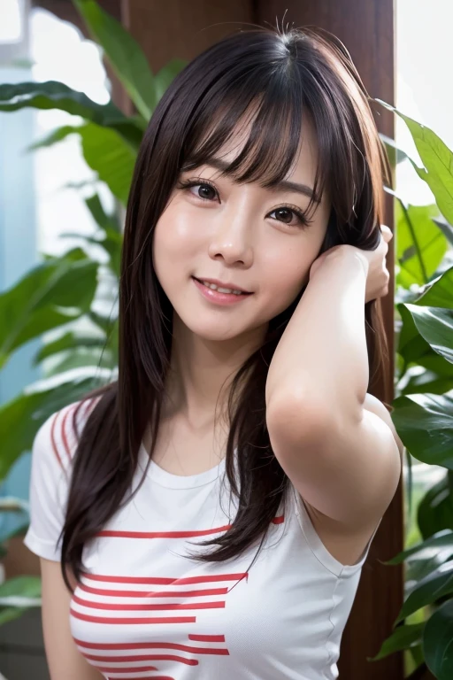 SFW, best quality, face focus, soft light, ultra high res (photorealistic:1.4), RAW photo,
1japanese girl, solo, cute, pretty, Beautifull, (pupil, lights in the eyes), detailed beautiful face, (medium chest),(high-resolution detail of human skin texture), (happy smile:1.4)
(Long ponytail hair:1.2), (sidelock bangs:1.2)
indoor,
White T-shirt,
(Portrait)