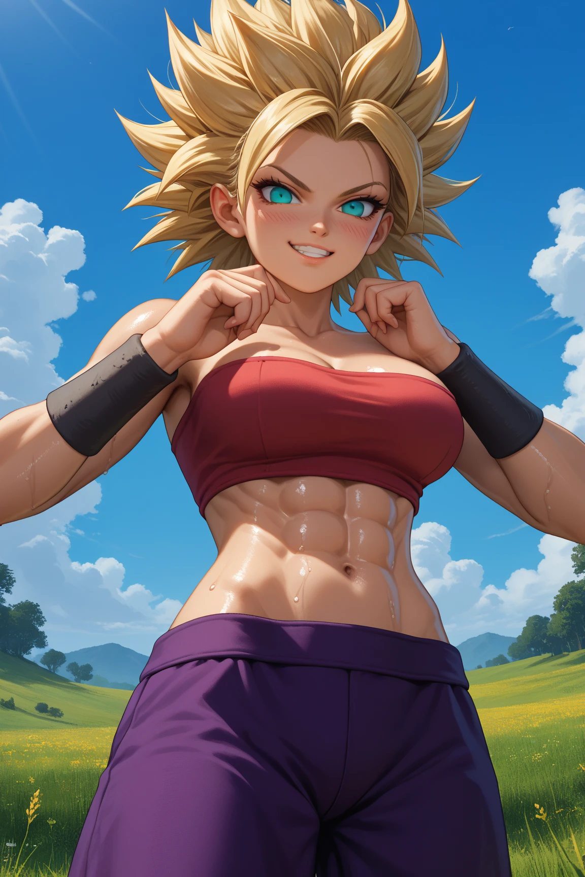 (Representative work: 1.2), (Best quality: 1.2), Solo, 1 girl, caulifla , angry face , blue eyes, top , Blonde hair , ( panties: 1.4), desert rock , sweat, muscle . Machucados , hematoma.