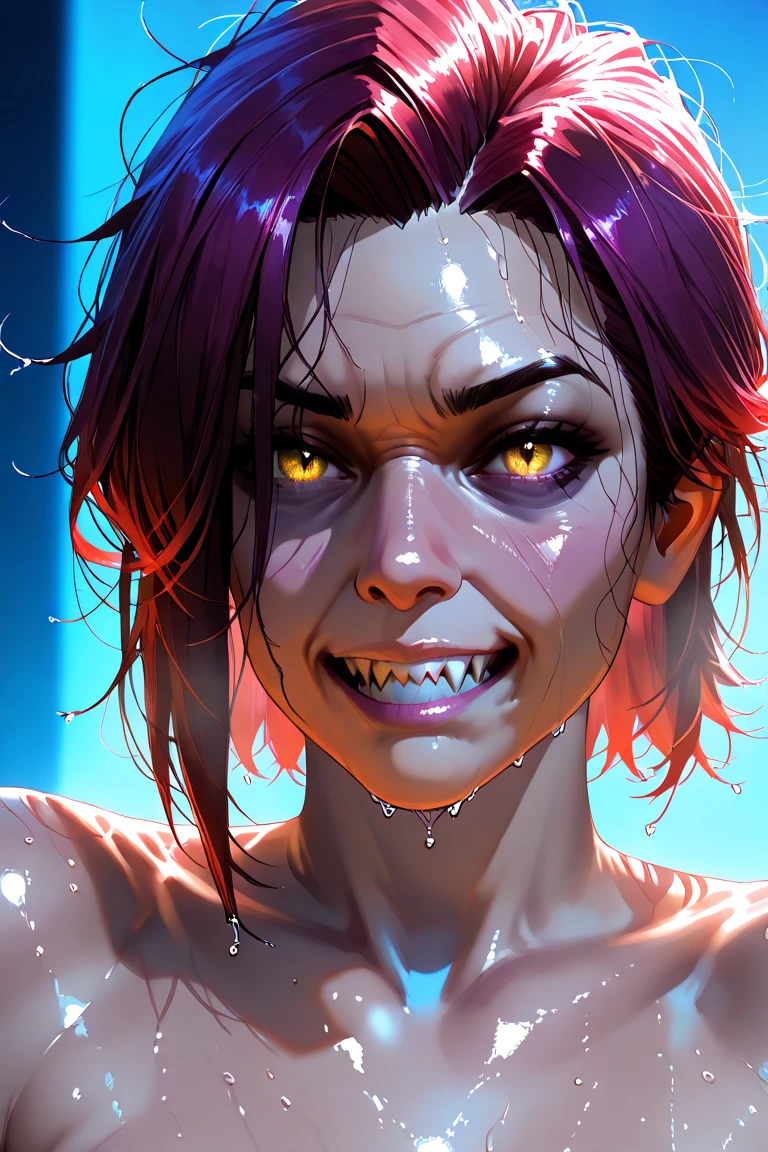Evang, Masterpiece close up face, Scary creature, Glowing eyes, scary, gross, glistening wet skin, (large alien creature:1) clean body, tiny waist, wet hair futuristic, (tentacles:1.3), skin detail, high resolution, ultra quality, a masterpiece, slime, ooze, hyper-detailed, cinematic shot, cinematic lighting, soft focus, motion blur, hyperdetailed, full head, perfect proportions, glossy lips, Hyper-Realistic, perfect fingers, perfect hands, (eyes wide open:1.3),by HR Giger, Greg Rutkowski