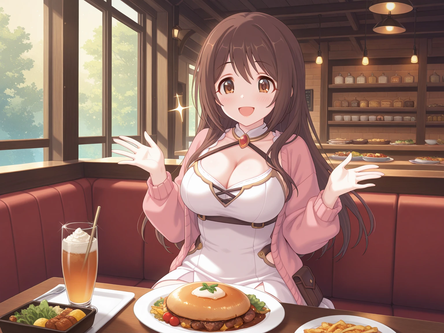 adult, huge cleavage, light brown hair, lips, Large meat legs