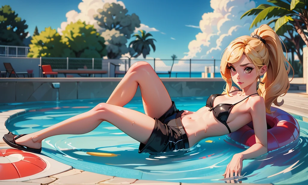 ((Top Quality)), ((Masterpiece)), ((Detail)), Perfect face, Perfact bodty, sitting on the swmming pool, listening to music, wearing headphones, wearing swimsuits, swimsuits are transparent, legs open Sitting wide open, wearing tight clothing (yes, buttocks and breasts are exposed). I see a face, one women