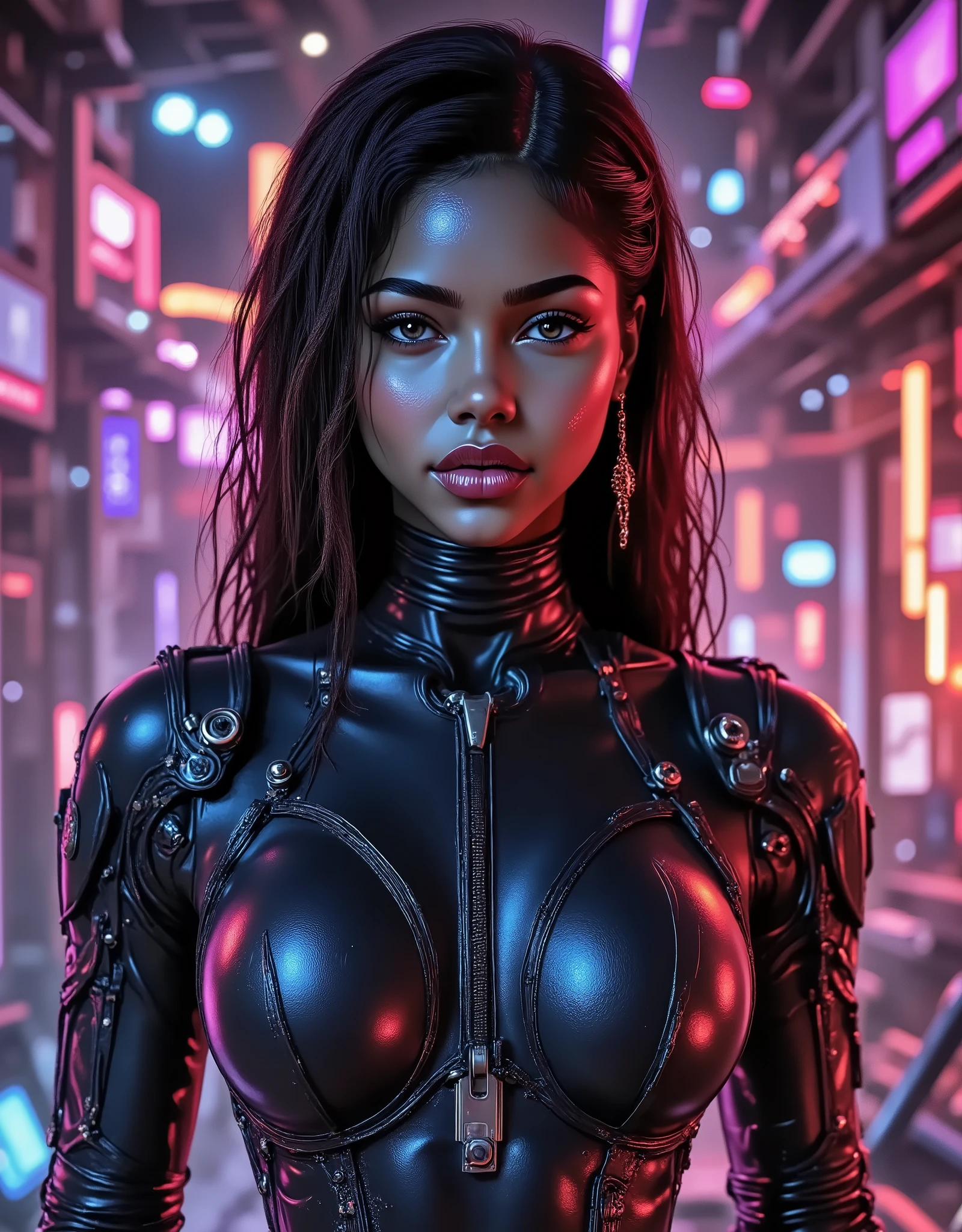 cyborg woman, cyberpunk, neon lights, robotic, terminator, scifi