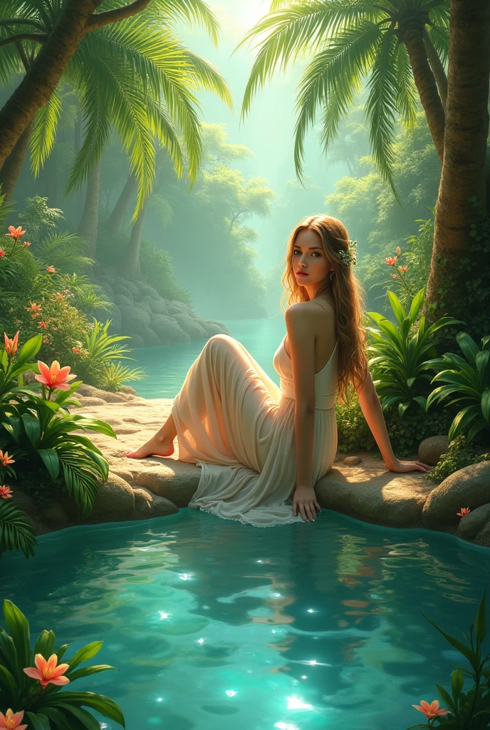 (a beautiful fairy taking a bath under a waterfall),water drops,rejuvenate,Ablaze,running water,charming atmosphere,lush green plants,serene,ethereal,soft, loose hair,mysterious aura,Sunlight through the trees,magical atmosphere,translucent wings,reflections shining in the water,airy,twelve,happy expression,refreshing,Tropical paradise,cores Ablazes,harmony between nature and fairy,Crystal clear pool,peaceful,magical creatures,breeze,The warm sun caresses the skin,nature whispers,sensory delight,escape from reality.