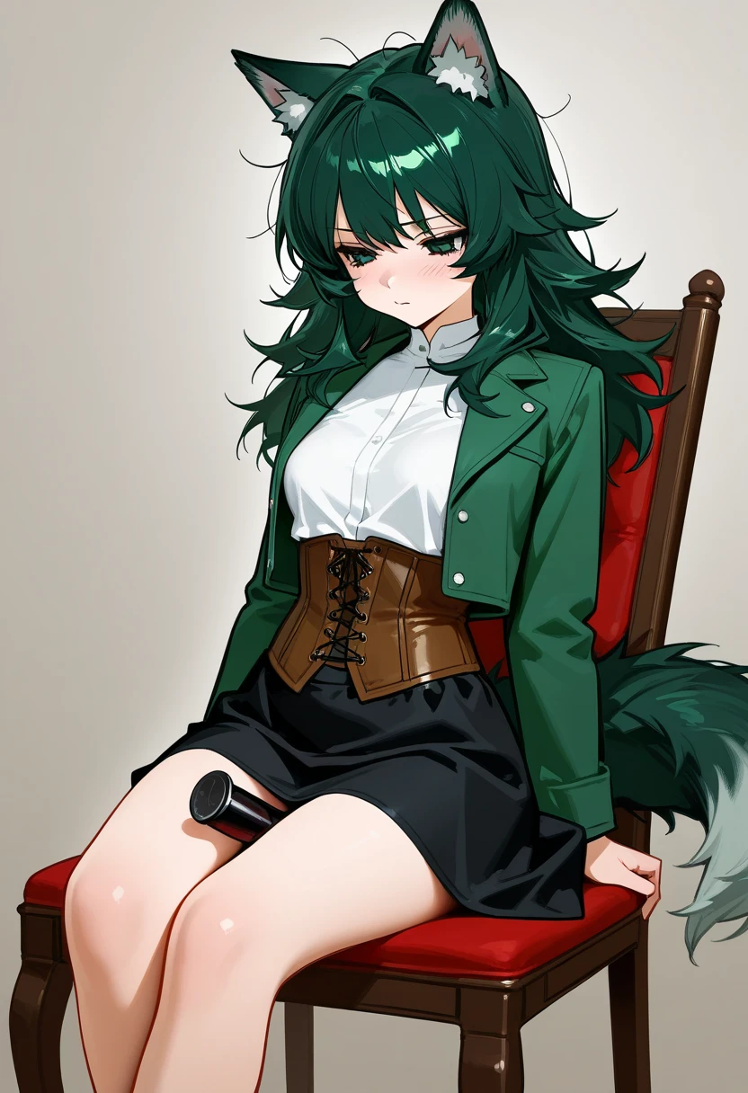 1female, teacher, wearing a dirty green tint hoodie, bootyshorts, broken dirty green tint fox ears, Thicc, big breast, dirty green tint hair, long hair, white eyes, face to detail, detailed eyes, the background is a Dark room, showing her fangs, staring into the screen.