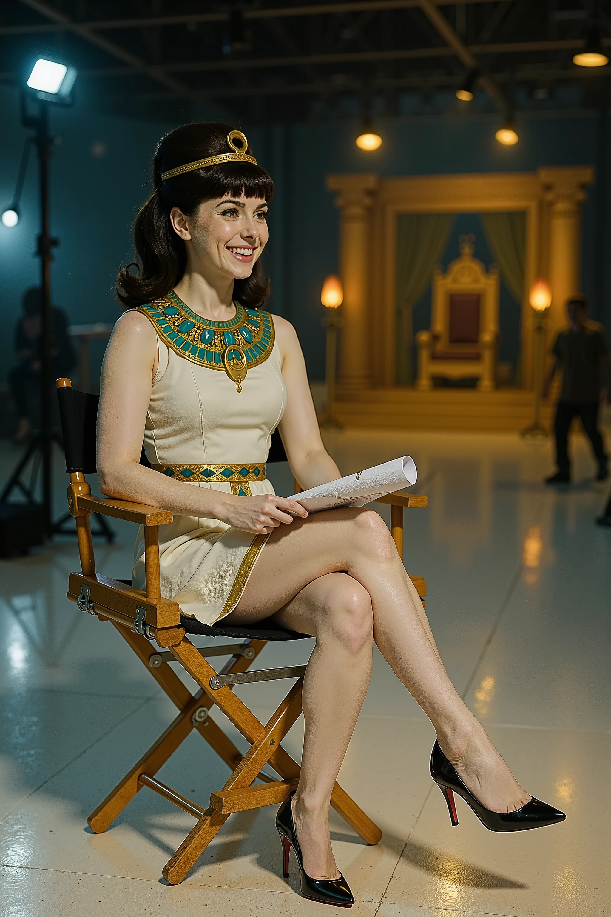 Shot from the distance, full body shot from head to toe, of Claudia, a young woman with 1960s retro charm and regal Egyptian attire, seated elegantly on a classic wooden director’s chair on a vintage Hollywood film set. The environment is the same cold-lit studio with a reflective white floor, yellow overhead lighting, and a blurred Egyptian throne room set visible in the background. The atmosphere still evokes mid-century cinematic glamour with a behind-the-scenes feel.
Claudia is smiling warmly at someone just outside the frame, her expression light and joyful, as if enjoying a private joke or casual chat during a break. She sits with perfect posture and grace, her legs elegantly crossed at the knees. A film script rests lightly on her lap, partially rolled or held loosely in one hand.
She wears her signature Egyptian queen costume: an ivory A-line dress with golden trim ending mid-thigh, a turquoise and gold collar, and a golden snake tiara crowning her voluminous half-updo with bangs. Her shiny black Christian Louboutin stilettos peek beneath the hem of the chair, catching soft reflections from the polished floor. Behind her, studio equipment and softly blurred crew members remain visible, creating a dynamic but quiet background that emphasizes her presence.
The lighting emphasizes her warm skin tone under the warm studio glow, contrasting beautifully with the warmth of her smile. The image captures the candid elegance of an actress in between takes—still in costume, but momentarily herself.
The camera angle should frame her entire body from head to toe. Her high heels should be black.Her legs should be crossed in an elegant pose.