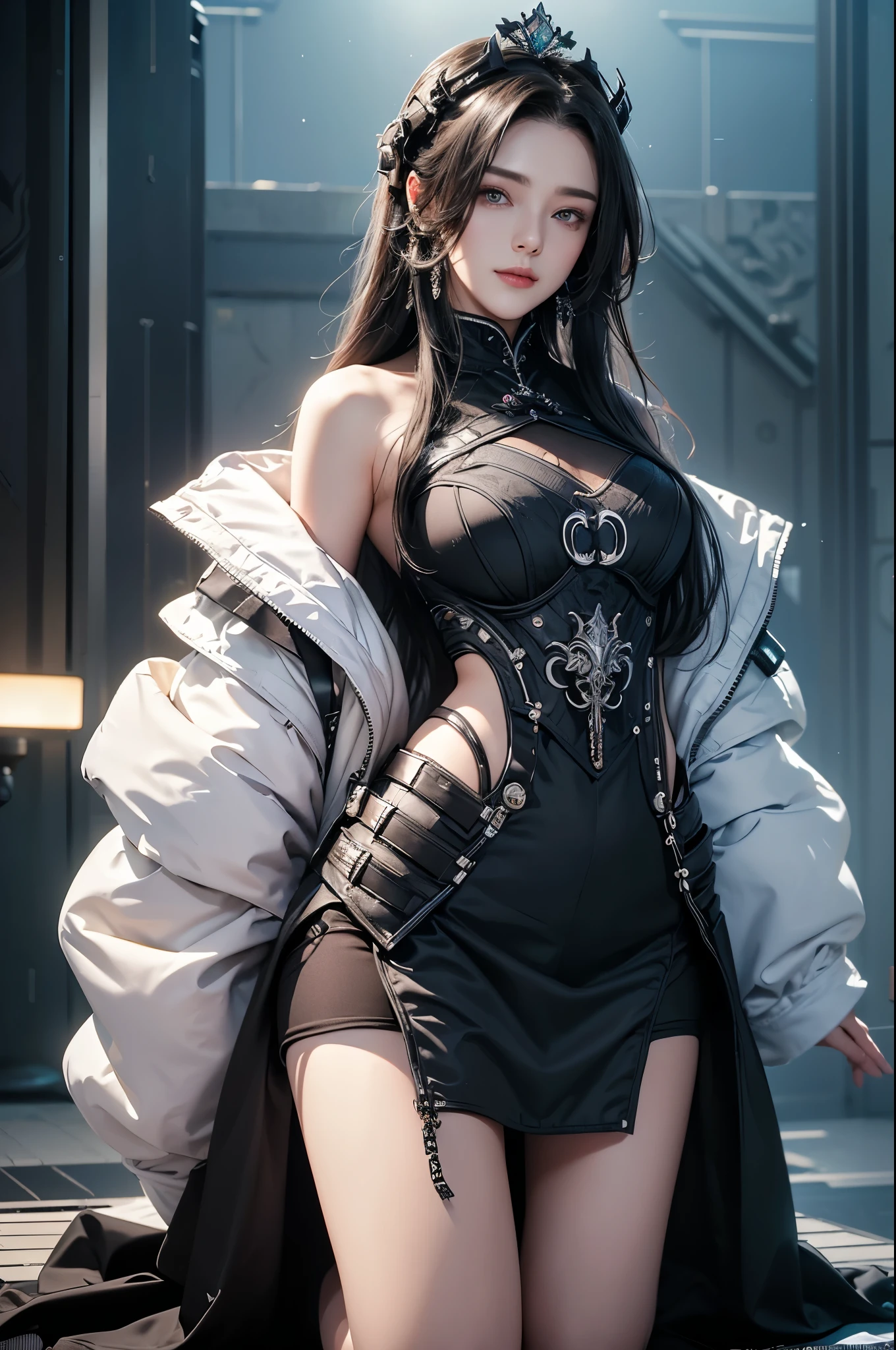 Masterpiece,Game art,The best picture quality,Highest resolution,8K,(Portrait),Unreal Engine 5 rendering works,(Digital Photography),((Portrait Feature:1.5)),
20 year old girl,Short hair details,With long bangs,(The red eye makeup is very meticulous),(With long gray hair:1.4),(Large, full breasts),Elegant and noble,Brave and charming,
(Future armor combined with the characteristics of ancient Chinese armor,Hollow design,Power Armor,The mysterious Eastern runes,A delicate dress pattern,A flash of magic),Warrior of the future,Cyberpunk figures,Background of war,
Movie lights,Ray tracing,Game CG,((3D Unreal Engine)),OC rendering reflection pattern
