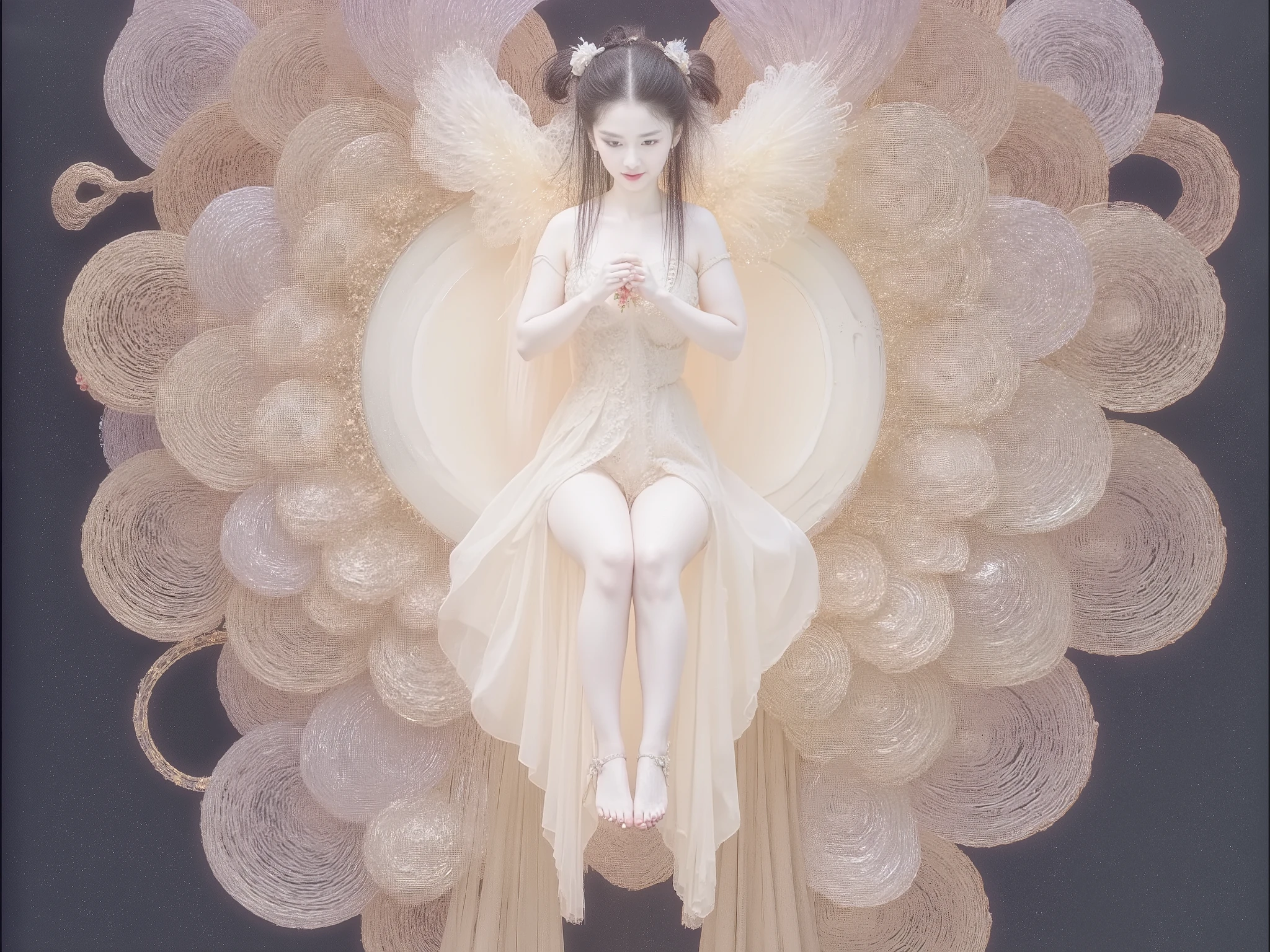 Un ange assis sur le bord b’un nuage, regardant la terre,