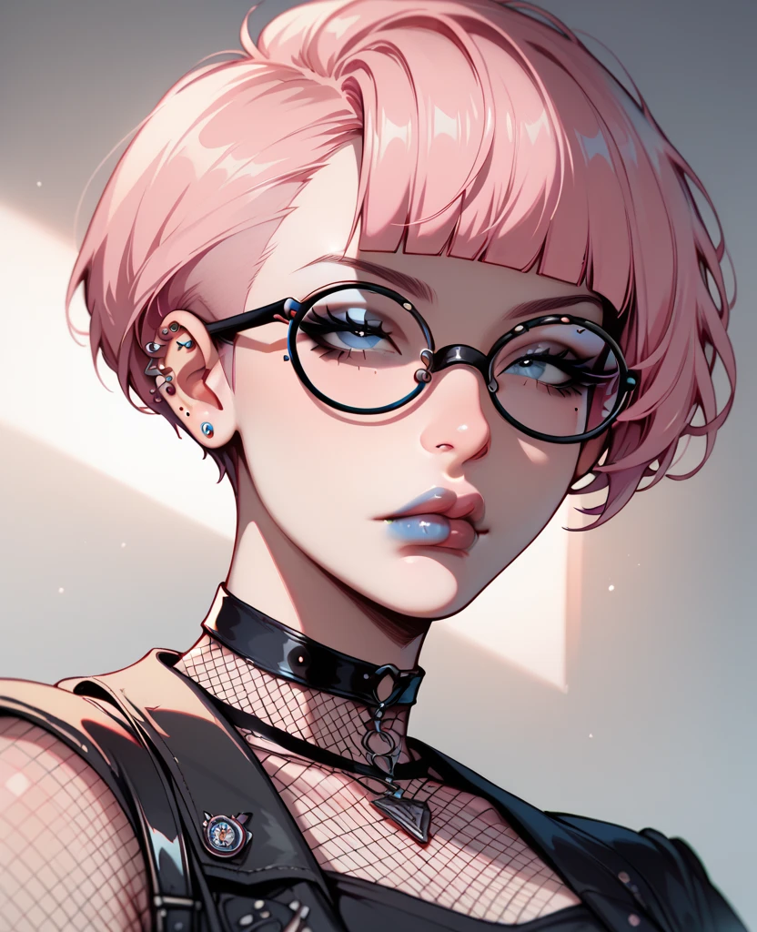 1girl:1.3, (pastel color line art:1.3), ((best quality)), ((masterpiece)), 1 girl, young, pink hair, asymmetric short hair, blue eyes, pale skin, big breast, black dress, sleeveless, v neck, cleavage, glasses, pink lips, lashes, red makeup, looking happy, pink filter, pink light, simple background, bokeh, blurry background, retro art pose, pop art pose