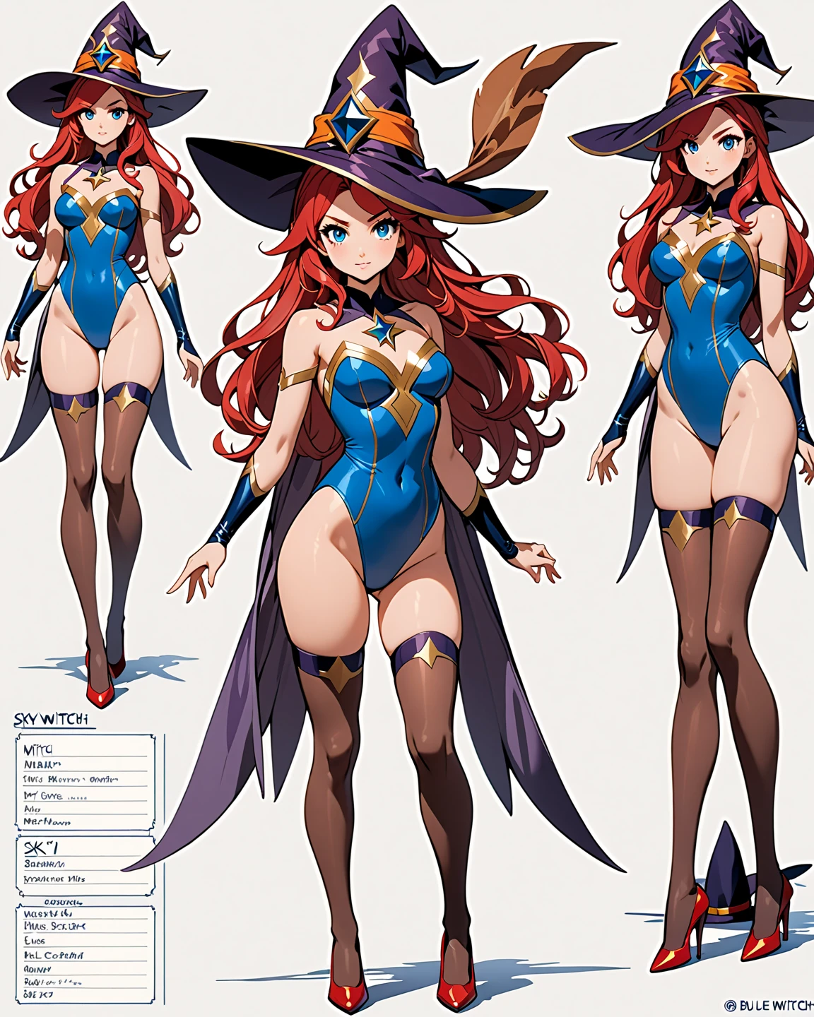 (masterpiece), (best quality), (highres), 1girl, high school student, superhero, superhero sorceress witch, sky witch, (leotard, blue leotard with white accents), bare legs, (blue thigh-highs), (red high heels), witch hat, red hair, long hair, blue eyes, beautiful detailed eyes, beautiful detailed face, cute face, medium breasts, age 16-18, solo, solo focus, wonder, Simple background, Multiple Views, Character Sheet Full-Length.