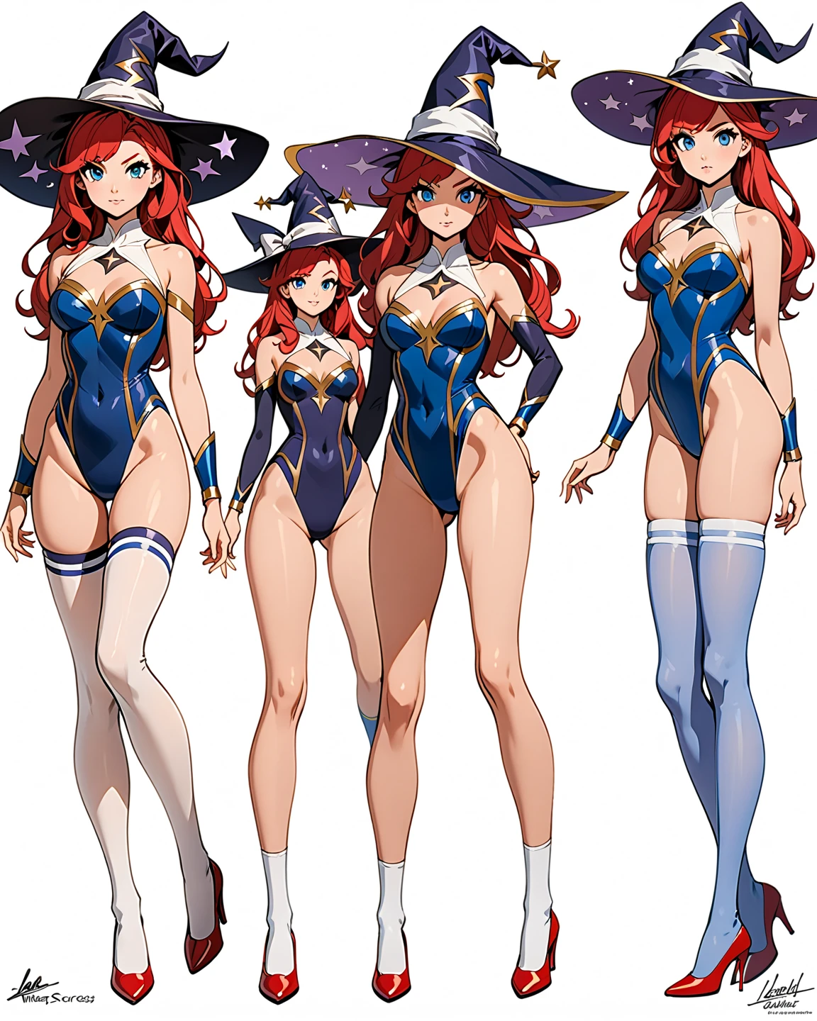 (masterpiece, best quality, high quality, highres:1.2), 1girl, high school student, superhero, superhero sorceress witch, sky witch, leotard, blue leotard with white accents, bare legs, blue thigh-highs, red high heels, witch hat, red hair, long hair, blue eyes, beautiful detailed eyes, beautiful detailed face, cute face, medium breasts, age 16-18, solo, solo focus, wonder, Simple background, Multiple Views, Character Sheet Full-Length.