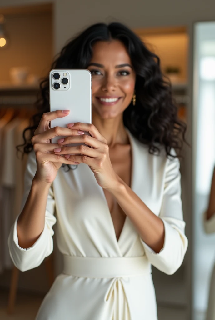 Asha, 1girl, solo, (((Ebony))), (((Dark skin))), (((SFW))), 30 years old, (mature), fully naked, capturing a selfie, taking a selfie shot, smiling, ((wearing a blue blouse))