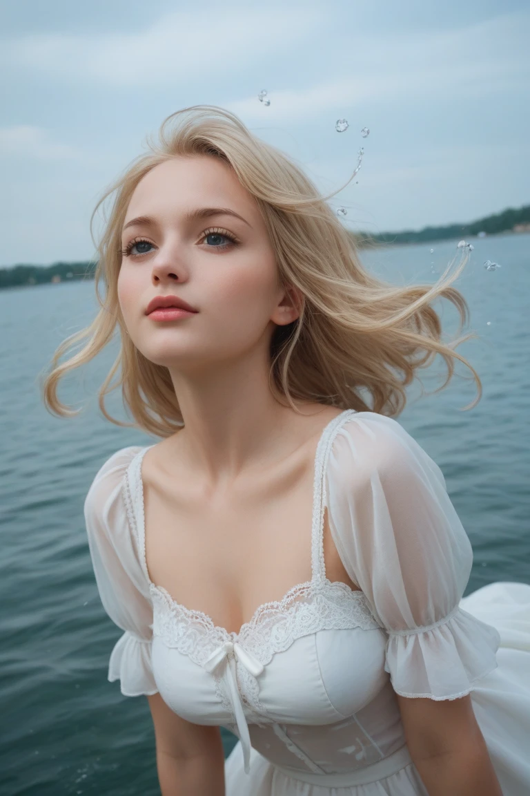 best quality, (masterpiece:1.4), (photorealistic:1.4), detailed eyes, detailed face, detailed hair, 1girl, full body, loli face, white skin, brown eyes, pink lips, off-shoulder white shirt, white pants, boats shoes, (medium breast:1.1), photo model, at sea, sunset, clear sunglasses, raised eyebrows, Social realism, white hair, tongue out, half-closed eyes, hairpods, backlighting, seating chart, sideways, Canon, 135mm, award winning, 8k