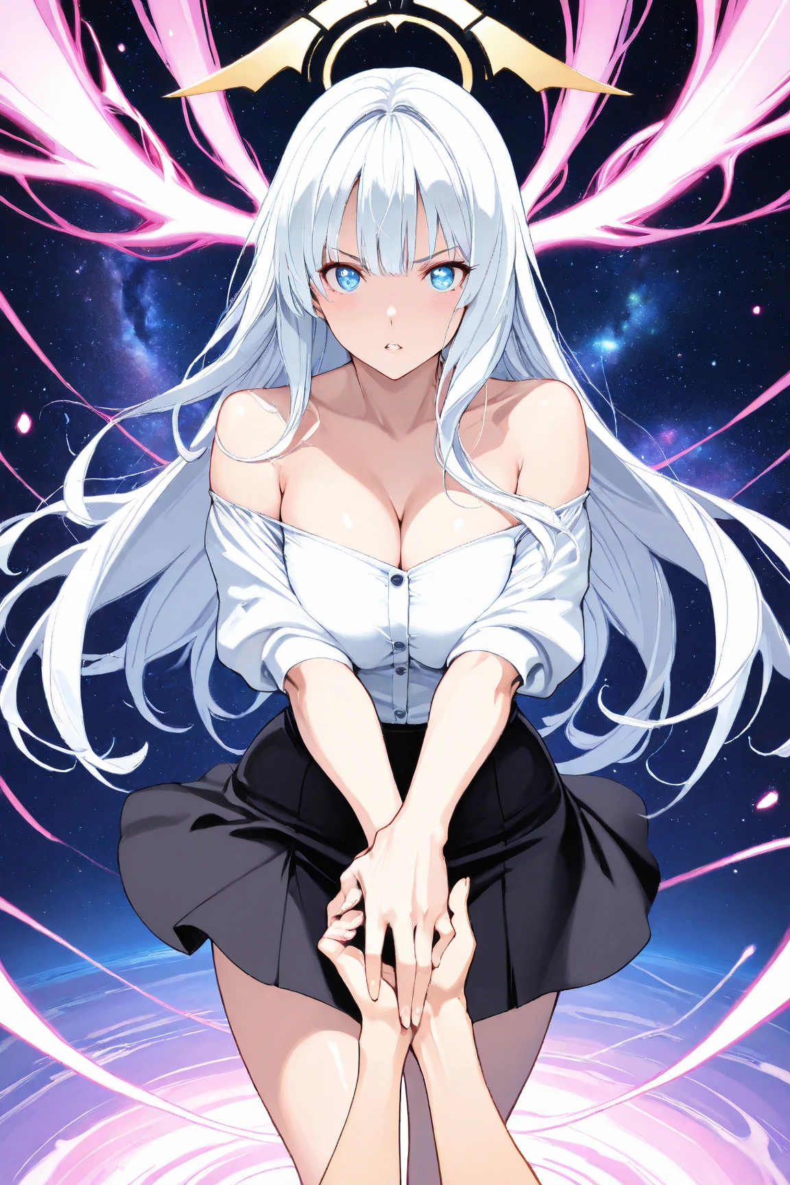 CG, unity, 8k, wallpaper, highest quality, masterpiece, lovely woman, 18-year-old, white hair, white skin BREAK (white onepiece dress, barefoot), best lighting, complex pupils, complex textile, detailed background, Against the background of the night sky, galaxias, space, Starcloud, stars, glitters, Smoke, intricately details, rendering by octane, Ultra photo realsisim , rendering by octane, uplit ,Purple dream art, cinematic
