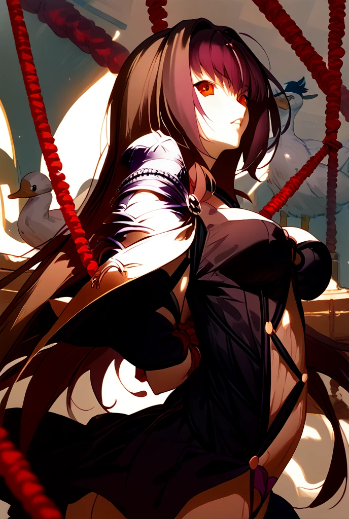 absurd, high resolution,  animal ears, black hair, red eyes,  blush, medium breasts, extra ears, panties with lace trim, lace trim,  long hair, mouse ears, catgirl,  multicolored hair, navel, no pants,  parted lips, peek at pubic hair, through clothes,  underwear,  white hair, spectator from behind, focus on ass