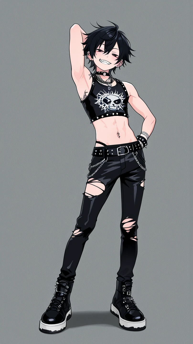 wolf-boy, short black hair, golden eyes, big fluffy tail, big sharp wolf ears, midriff, black long-sleeved shirt, sweat, black thigh socks, converse shoes, Vibrant, HD, masterpiece, best quality, slim upper body, thick lower body, toned abs, smug, full body view