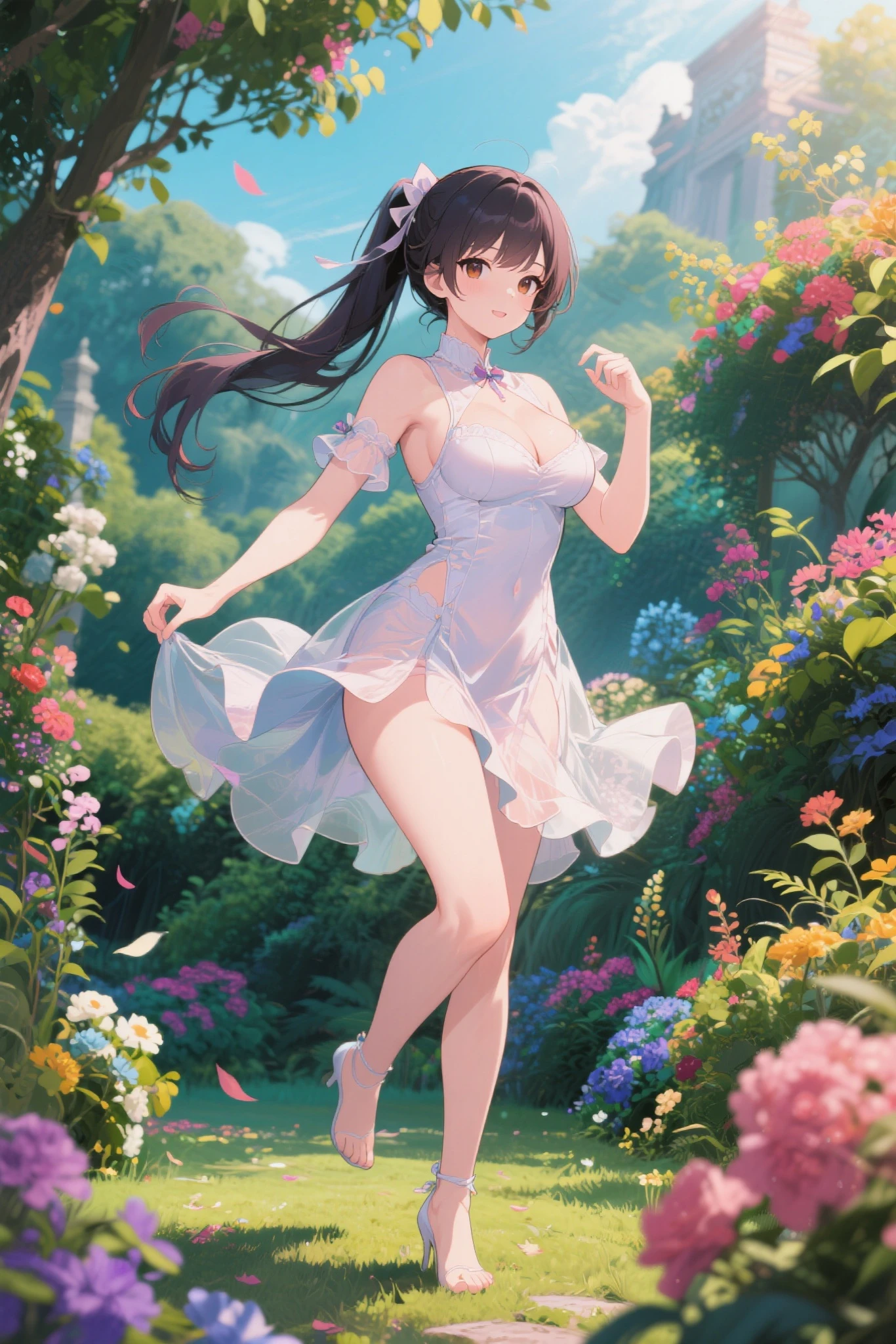 Make an image of a beautiful and pretty woman holding a purple flower, make her look beautiful and pretty, make the background a valley with a waterfall in the background