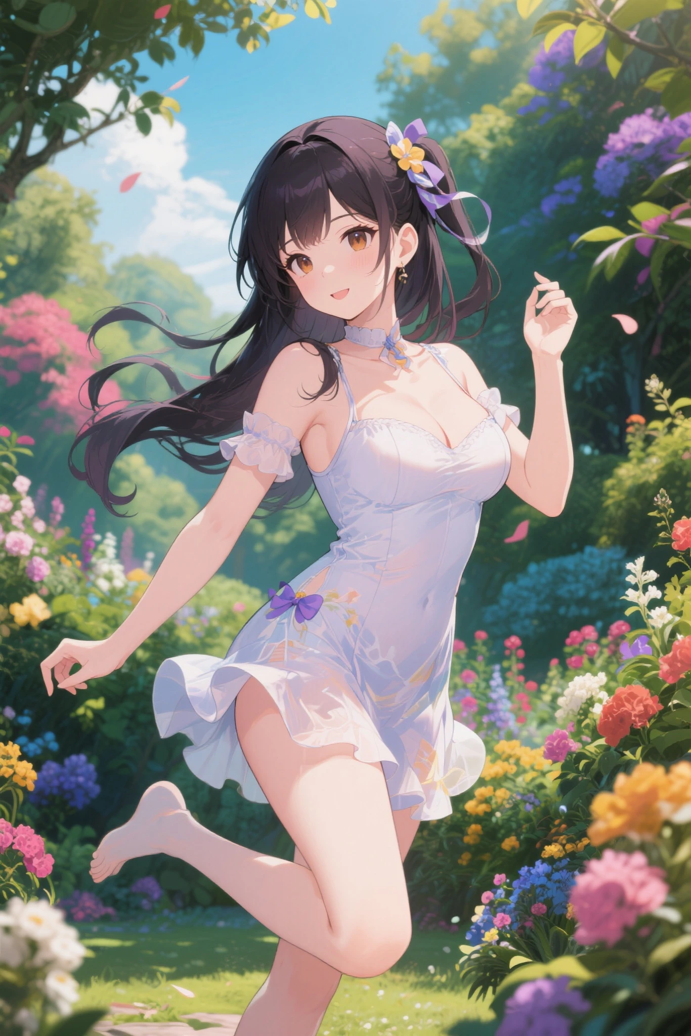 masterpiece, great quality, ultra detail, illustration, game cg, 1girl, solo, (FGOErice), collarbone, wedding dress, blush, standing, garden, glossy lips, makeup, light smile