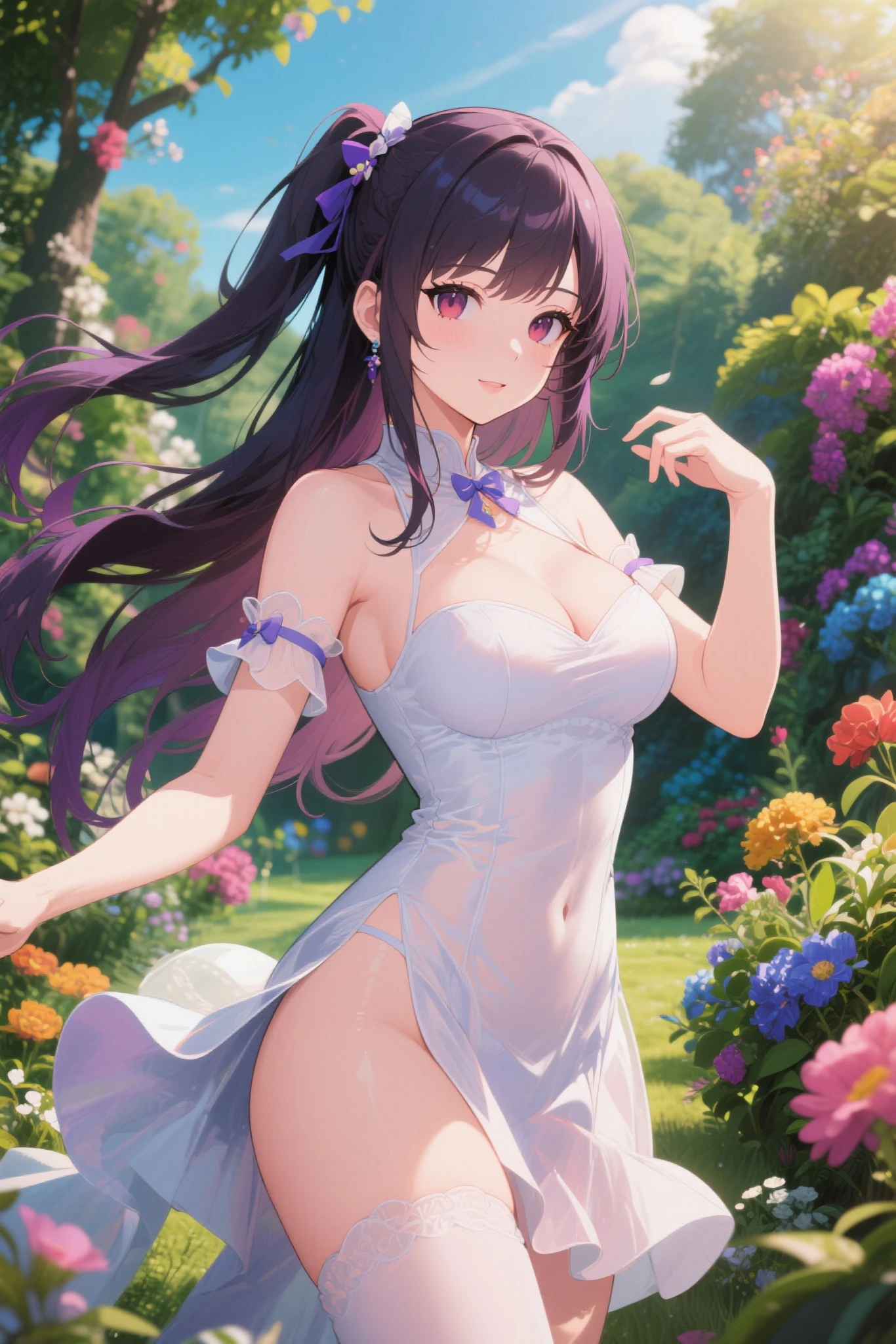 {{{{masterpiece}}}}, {{{super detailed}}}, {{{High resolution}}}, {{excellent anatomy}}, (((highest quality))), ((very delicate and beautiful)), {{very detailed and delicate}}, {8k cg wallpaper},((detailed background))One female、best style、beautiful woman、The most beautiful woman in the world、Purple flowers are blooming on the purple lake surface, soft purple glow, Purple light, (purple wisteria forest), wisteria season, art, shining purple, Purple petals are dancing everywhere、 The blossoming path to heaven, purple glow、Purple water、purple reflective water surface、purple light、(Sexy sheer dress:1.5),((big breasts))、show through、waterside and wisteria、Detailed design、beautiful design、sexy pose、Sheer skin、shape of nipple