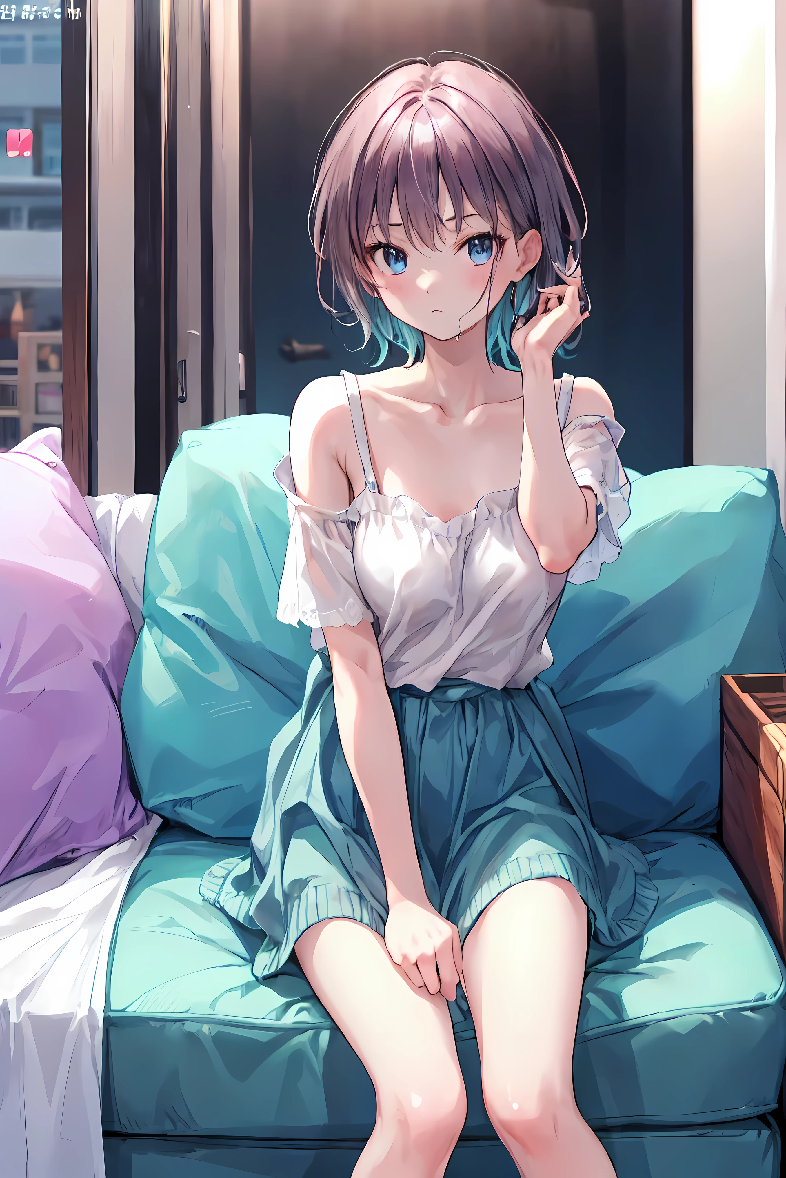 1 girl, highest quality, super high resolution, super detailed skin, physically based rendering, small breasts, flat chest, down blouse, (14 year old Japanese student, decorated detailed bra, overlapping short sleeve blouse, small breasts, full), sitting, squatting on train, short hair, necklace, close-up, from top left, focus on breasts, high brightness