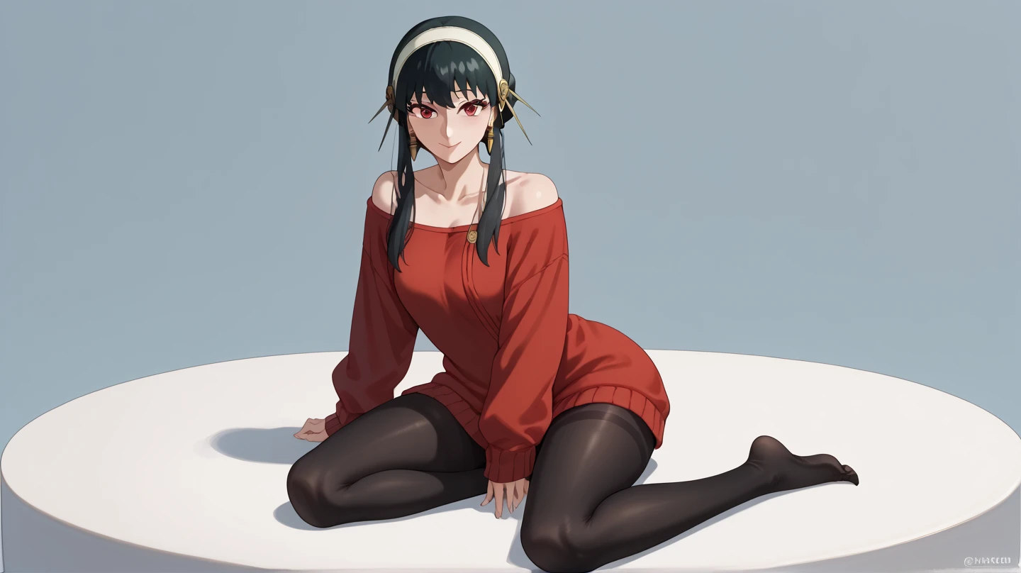 looking at viewer,
solo,
YorForger,1girl,black hair,red eyes,short hair with long locks,
white hairband,
off shoulder,red sweater,
black pantyhose,
boots,
sitting,