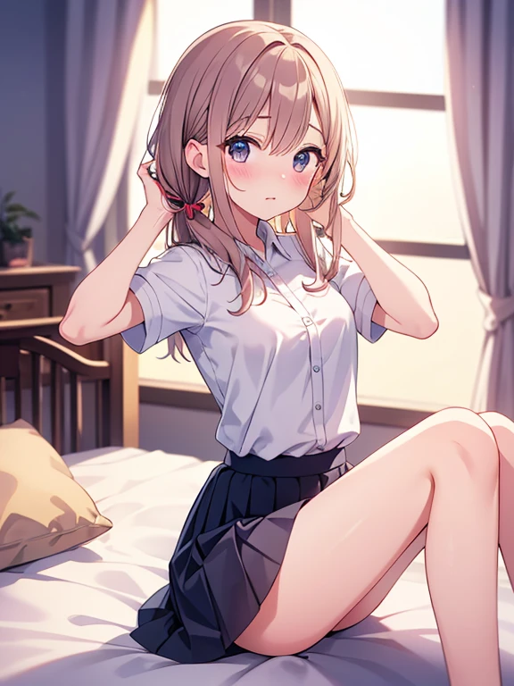 (Tabletop, Highest quality, Super detailed), One Girl, Purple eyes, Blonde Hair, Dark Skin, Short Hair、Perm Hair、((loose socks))、(Bedroom)、(Socks up to the knee)