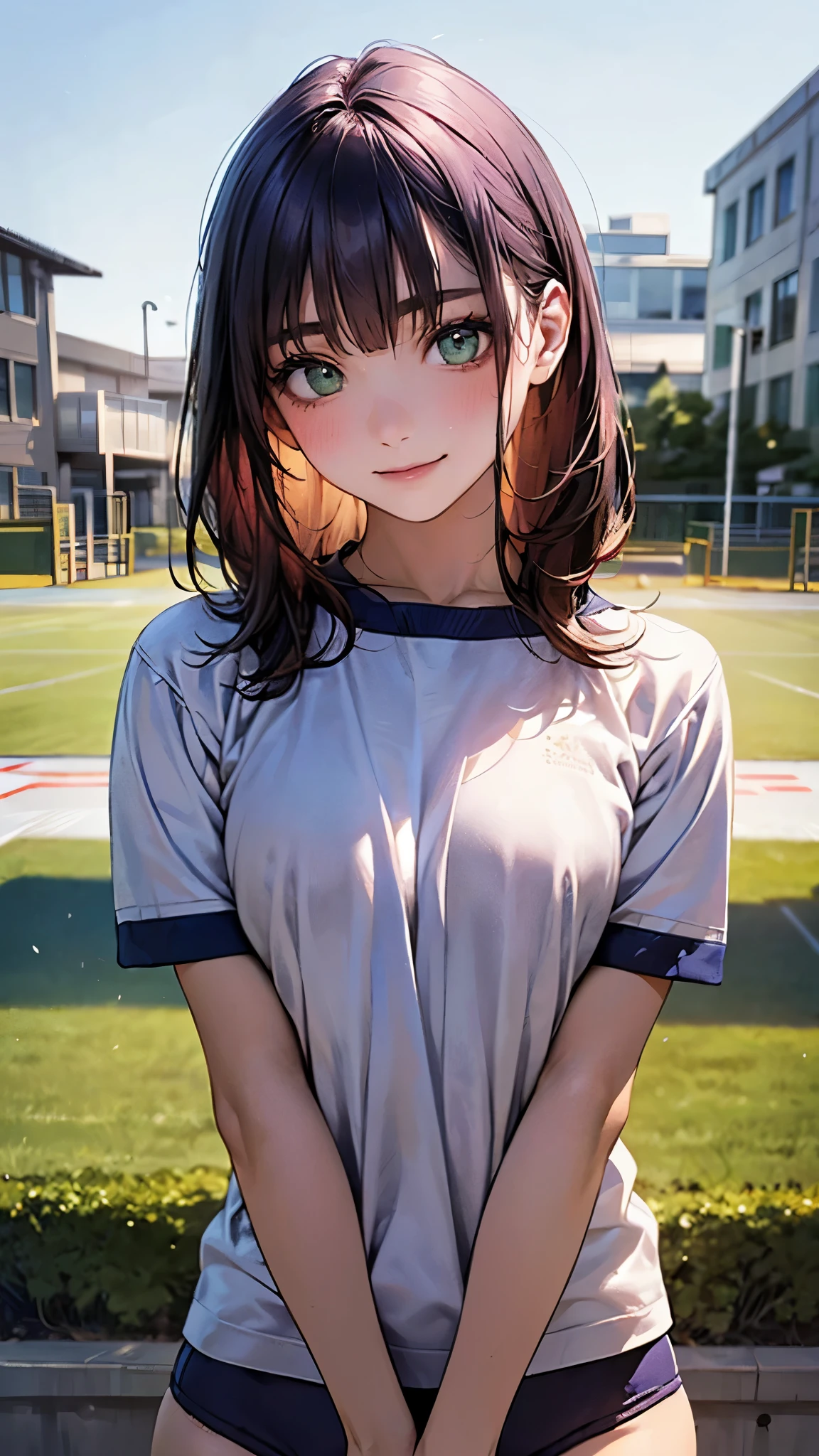 (masterpiece:1.2, top-quality), (realistic, photorealistic:1.4), beautiful illustration, (natural side lighting, movie lighting), nsfw, 
looking at viewer, 1 girl, japanese, high school girl, perfect face, cute and symmetrical face, shiny skin, 
(long hair, straight hair, brown hair), hair between eyes, gold eyes, big eyes, long eye lasher, (medium breasts, seductive thighs), slender, 
beautiful detailed hair, beautiful detailed face, beautiful detailed eyes, beautiful clavicle, beautiful body, beautiful chest, beautiful thigh, beautiful legs, beautiful fingers, 
(gym uniform, blue buruma), 
(beautiful scenery), evening, (school grounds), squatting, (lovely smile, upper eyes, parted lips),
