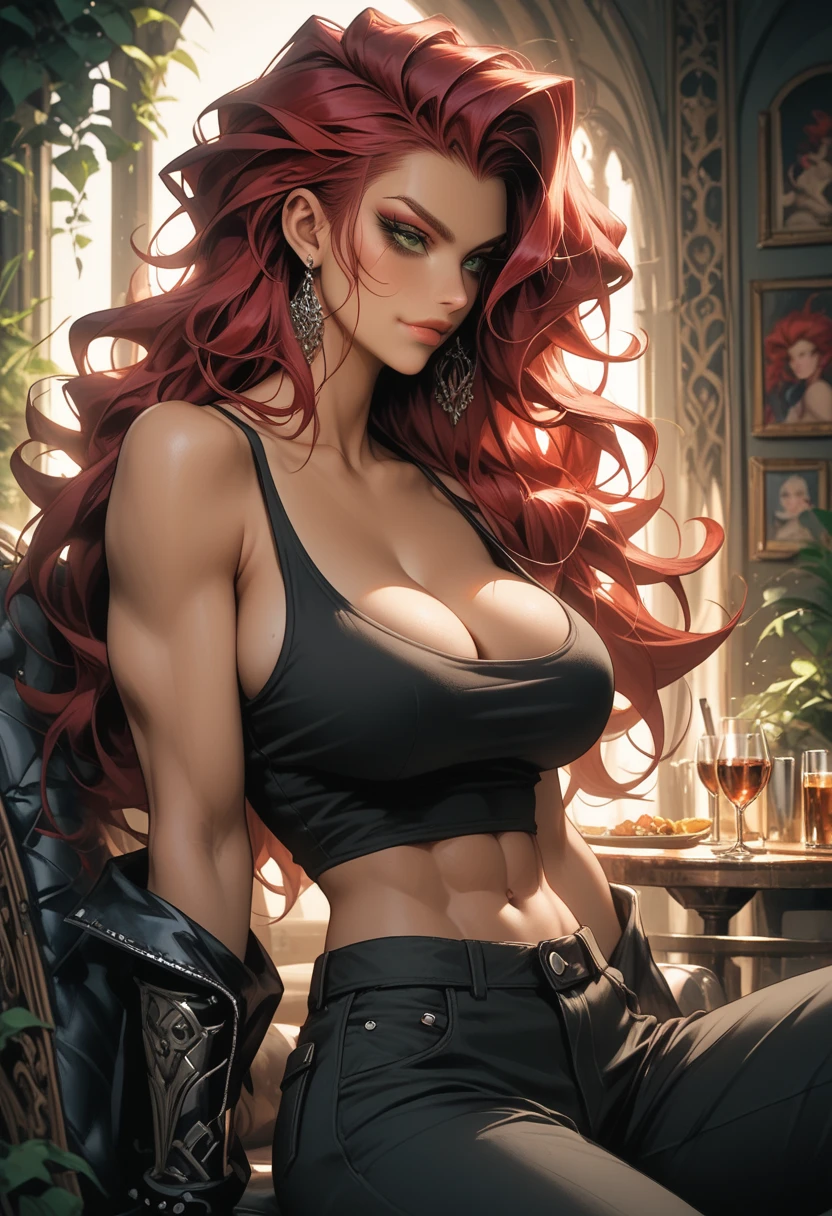 Athletic fit 30 year old fitness athlete woman, amazingly long wavy voluminous flowing red hair down her back to her hips, big beautiful green eyes, freckles, muscle tone, wearing low-rise oversized sweatpants with underwear showing, and a huge loose baggy oversized low-cut comfy big sweatshirt with a wide-neck-hole that goes off-shoulder both shoulders, sports team jersey logo on the sweatshirt, cleavage, sideboob, small muscle definition in shoulders, curvy, wide hips, thick thighs, nice big muscular ass, hint of abs, mature gorgeous incredible pretty face, grinning, tattoos, in a beautiful flower garden park in the morning, Instagram model, (((small breasts 1.3))), (fishbowl lens and bokeh) jogging