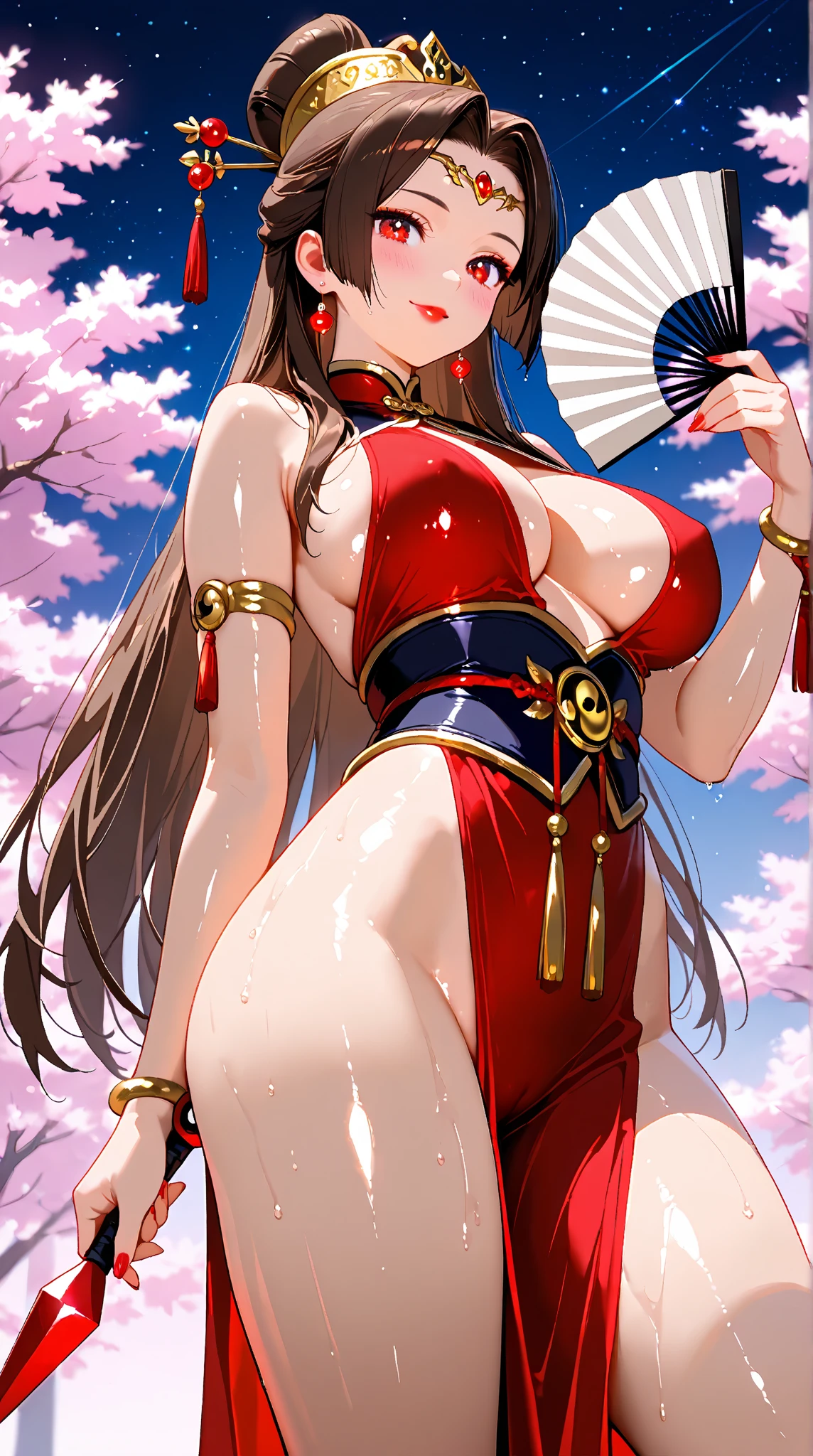 masterpiece, best quality, beautiful art, high resolution, well formed hands, body and fingers, 1 woman, solo, Rinna Mayfield, elf ears, red makeup, red lipstick,adult, grown up, cosplaying as Mai Shiranui , mai_shiranui_cosplay, adult, large and big breasted, cleavage, full body , hair ribbon, gorgeous legs and, thighs, sexy Japanese clothes, hair ornament , sexy and bare legs , hips and thighs, panties peek, dancing seductively and erotically, turning backwards and forwards, showing her back and front, shaking her body alluringly, red t back thong, smiling joyfully, sweating ,looking at the viewer, bouncing breasts, sweating, flirting, biting her lips, beach environment