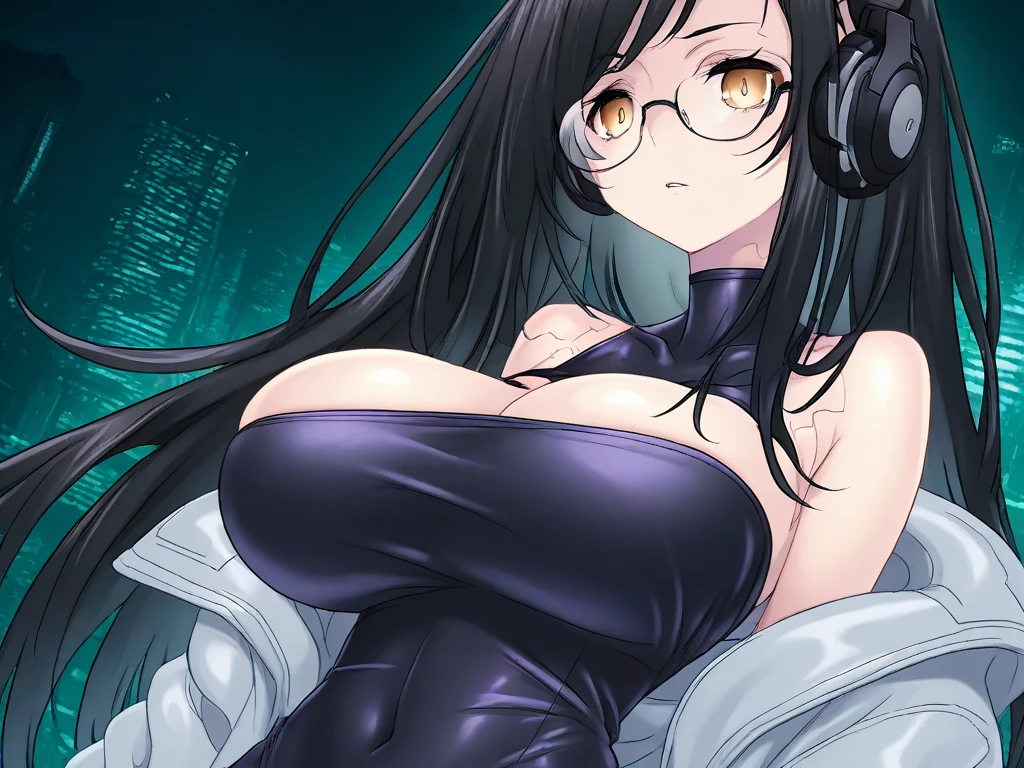 "Cyberpunk DJ girl with cool head set, cool open jacket and crop top shirt, rocking sun glasses, two big LED glowing loudspeakers on each side, immersed in a neon-lit environment, vinyl record on turntable with music mixer and turntable in front of her, exuding an electrifying disco vibe in a futuristic night club."