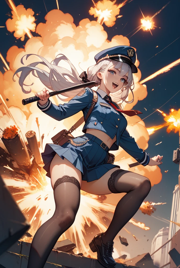 masterpiece、highest quality、Ultra-high resolution、Maximum resolution、Very detailed、Professional Lighting、anime、woman、thin、so beautiful、Sexy Suit、mini pencil skirt、Garter Stockings、High heels,holding a rocket launcher、Grey Eyes、Brown Hair、long hair、Fingerless Gloves、Beautiful eyes、Pink Lips、Gloss Lip、Alone on the battlefield、A spectacular attack