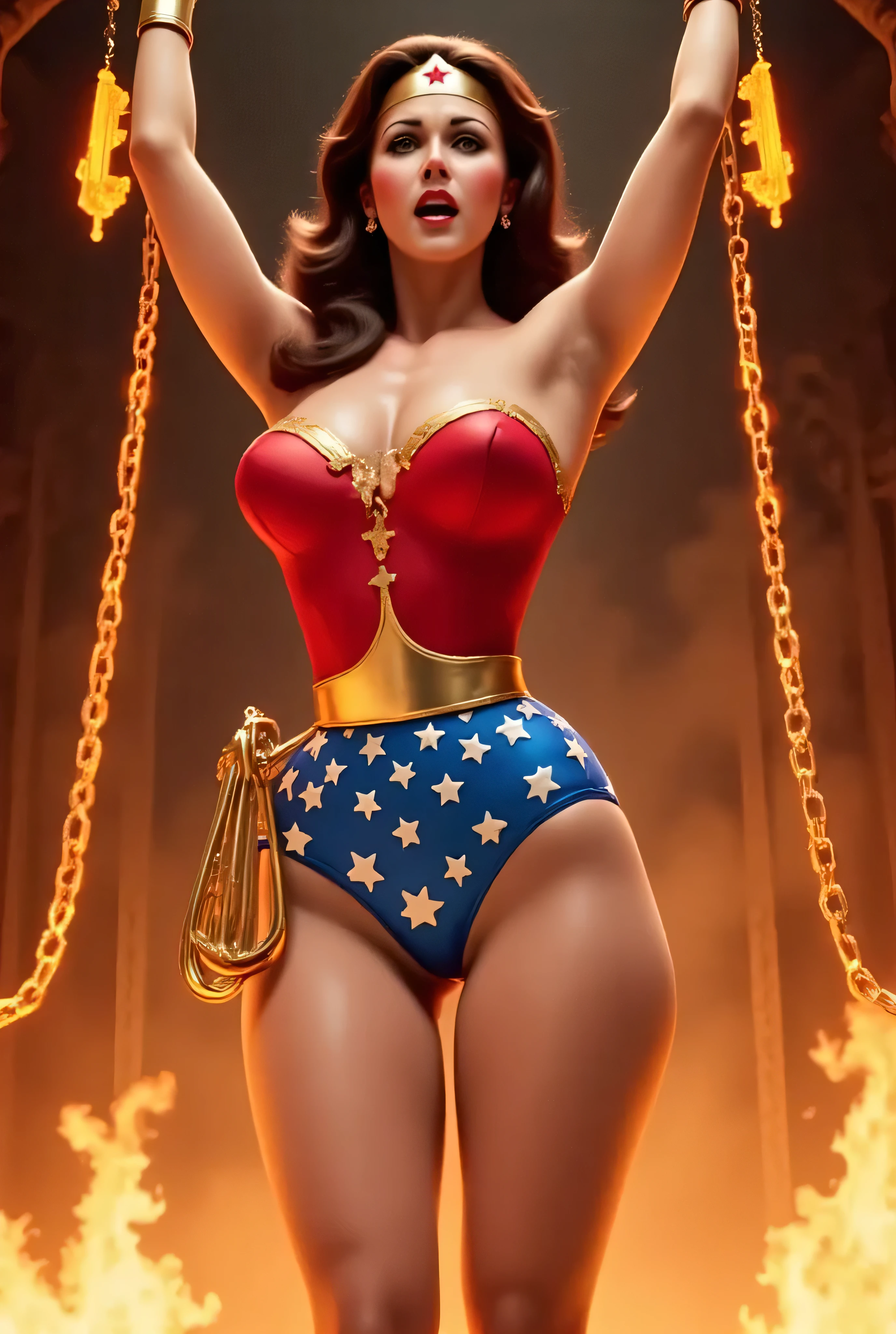 woman in a costume in a glass case, lynda carter wonder woman, wonder woman, waist, big breasts, , dressed as wonder woman, as a retro futuristic heroine, waist up, as a retro futuristic heroine, dorian cleavenger, queen in a glass prison, waist - up, , smallest waistline ever, detailed photograph, 