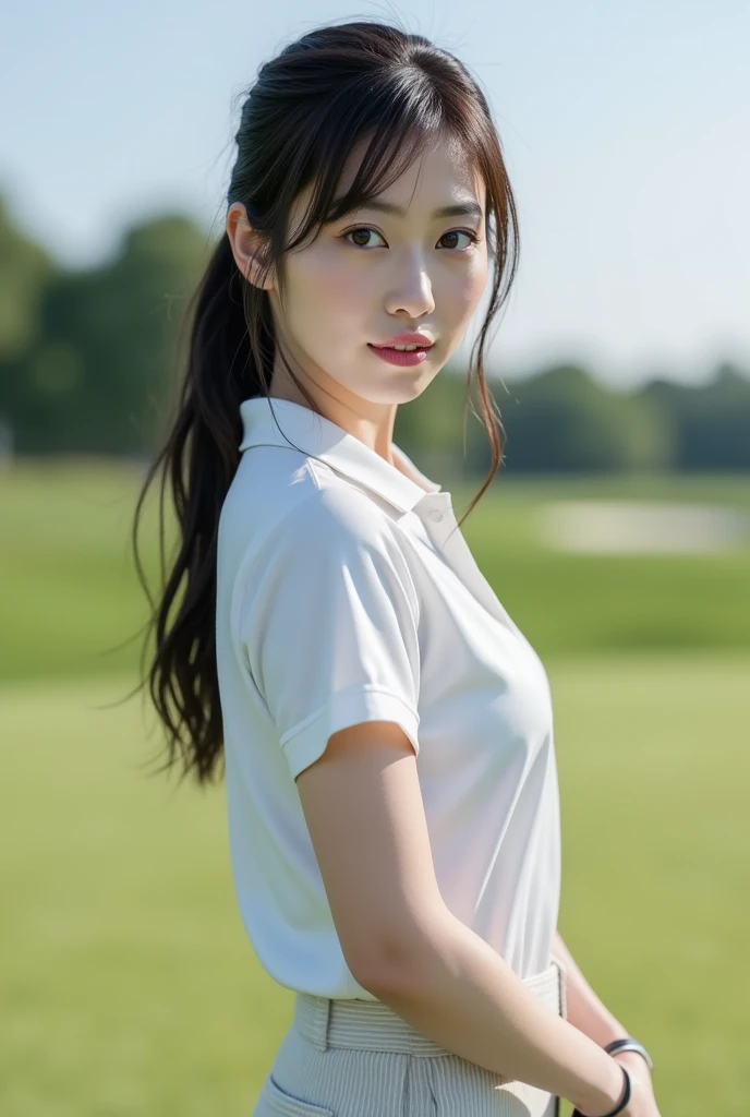 ８K、High definition、Ultra Detail、Photorealistic、Realistic and accurate depiction、Realistic and accurate human anatomy、High resolution、Highest quality、Beautiful Japanese woman in golf wear, Detailed body, Live Action、beautiful girl golfer、cute、clear、The ultimate beautiful girl、Perfect Body Shape、Beautiful breasts、、Perfect Skin、Charm、Active、Black Hair、Japanese female professional golfers、cuteゴルフウェア