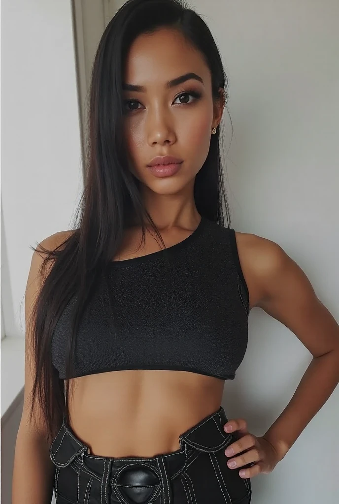 Young Thai woman, fit physique, fitness physique, wearing sexy black lingerie sitting on the couch with legs open, corps sexy, (8K), (best quality), (chef-d&#39;artwork:1.3), (Realistic), (photorealistic:1.34), Ultra-detailed, [Beautiful detailed eyes], (sourire), (sourire), (beautiful nose detailed), [very long blonde hair], (haut court), lingerie noire, (superbes seins taille normale), (Gros plan), Profondeur de champ, full body view, sitting on sofa, legs spread, montrant l&#39;entrejambe, pieds en l'air