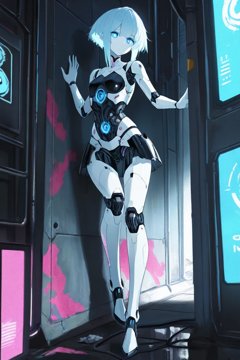 (full body photo+standing+looking at the viewer:2), (woman+Robo:1.8), (extremely large robotic breasts:2), (she is wearing black robotic suit with silver gears:1.5), (she is inside a sewer with knee-high water:1.5), (she has purple hair:1.5), (blue eyes:1.5), (body+clothing+wet:1.5), (walking+sensual pose:1.5),  heavy breathing, (ahegao:1.8), anime, Eye-Level Shot, 16k, UHD, best quality, high details, masterpiece, anatomically correct