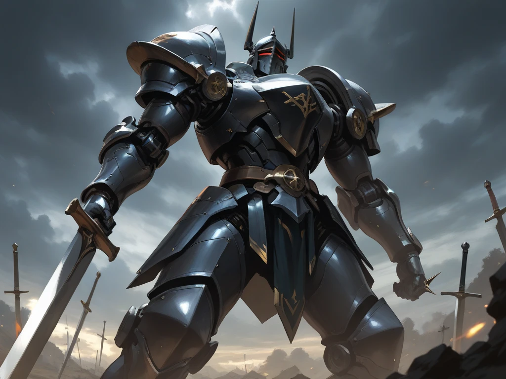 1 mechanical knight on wilderness, black armer, full face, 2 swords on his hand, 36 swords piercing on wilderness around him, cloudy sky,  